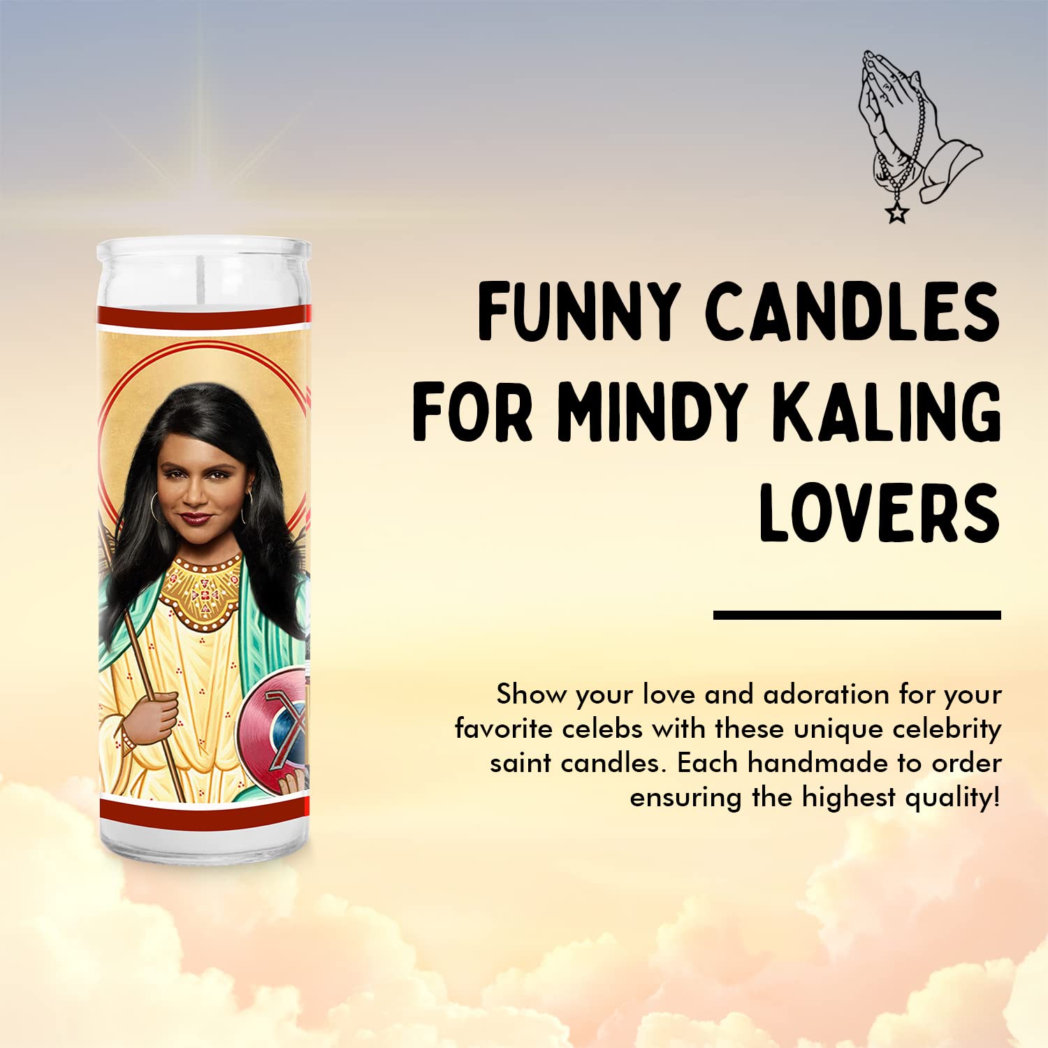 Amazon.com: Mindy Celebrity Prayer Candle - Saint Candle - 8 inch Glass  Prayer Votive - Handmade in USA - Novelty Celebrity Gift : Home & Kitchen