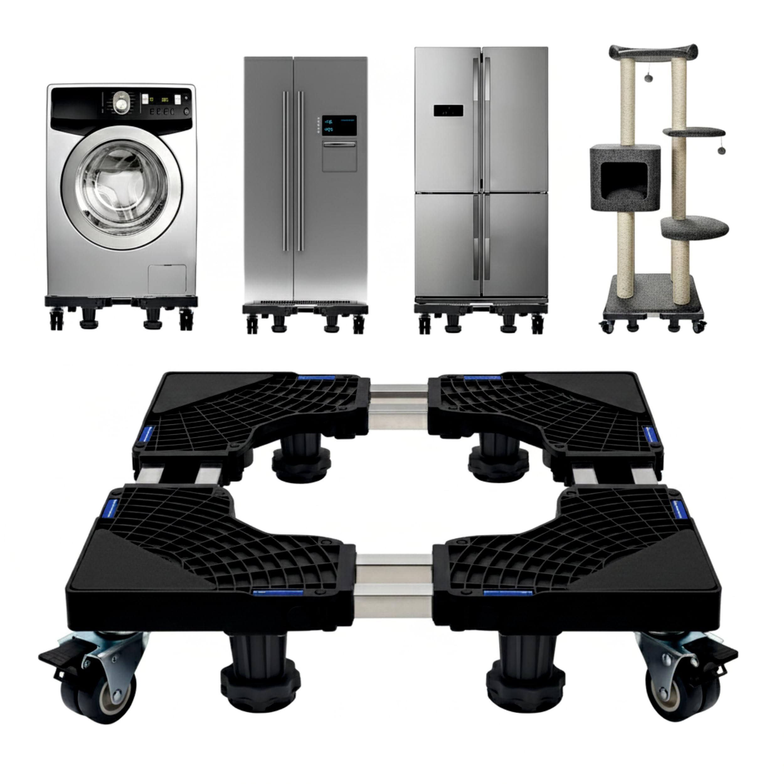 JIALTO Universal Adjustable Washing Machine Stand Heavy Duty Trolley with 4 Lockable Wheels & 8 Legs Movable Base for Fridge & Air Cooler Stand Appliances Load Capacity 300 Kg(WM–Double Pipe, Black)