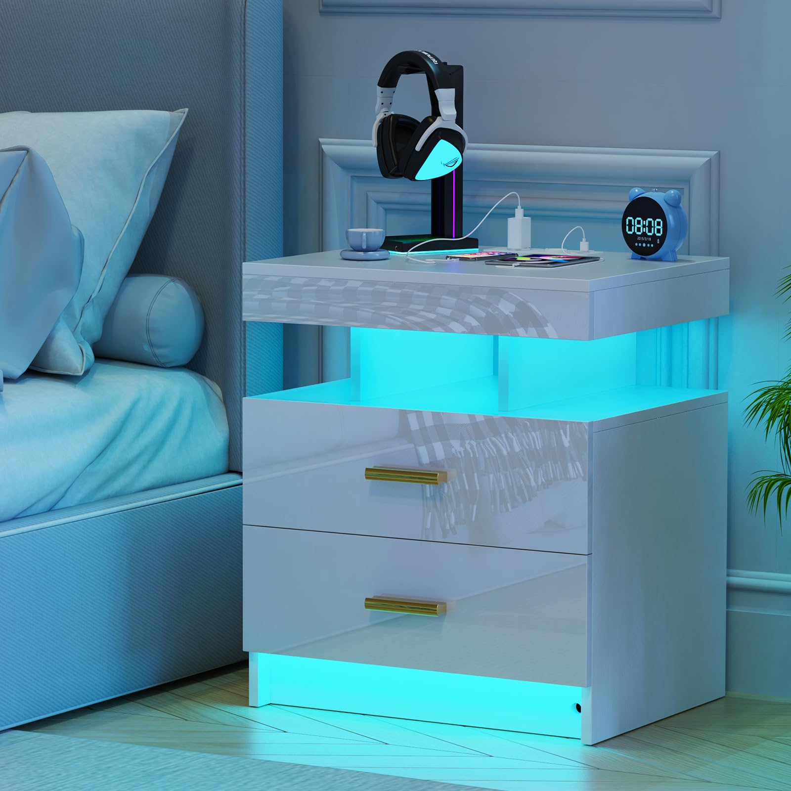 Nachttisch LED mit Steckdose(2 AC-Steckdosen & 2 USB-Anschlüsse), Nachtkommode mit 2 Schubladen und 2 in 1 Led, Moderner Nachtkästchen für Wohnzimmer, 50x40x58cm, Weiß