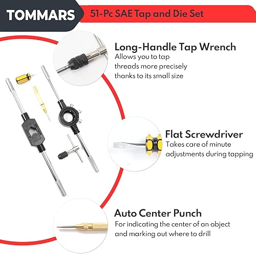 Miniatura 6 de TOMMARS Juego de machos y terrajas de 51 piezas de 1/4-20 a 1-14 con terrajas de roscado redondas SAE para roscado y re-roscado de roscas internas