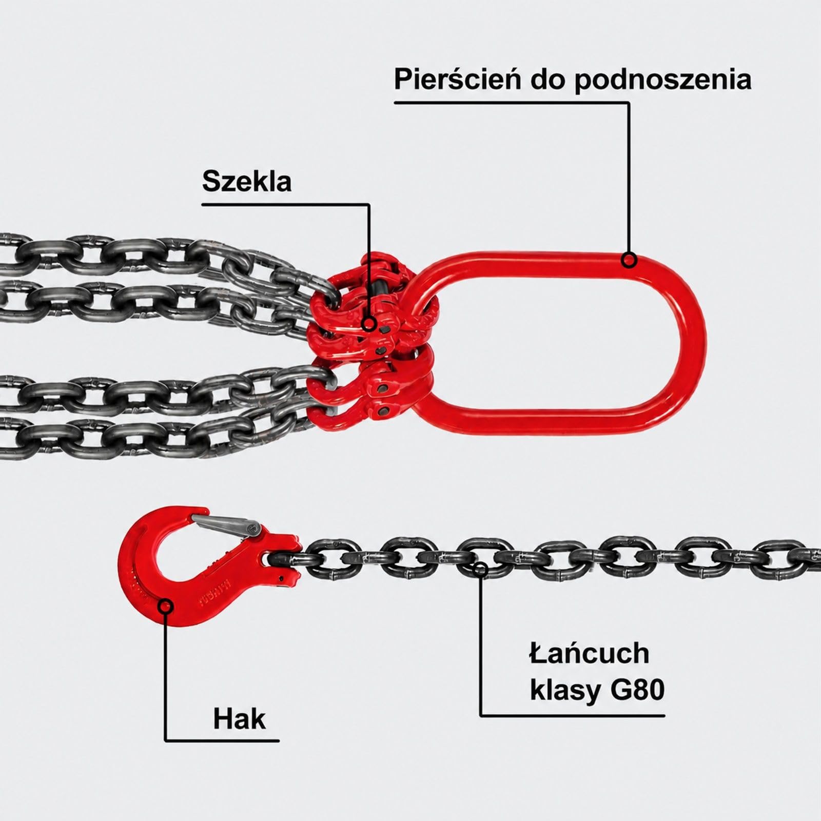 Czterocięgnowe zawiesie łańcuchowe ze stali stopowej z 4 czerwonymi hakami, do warsztatu, portu i budowy
