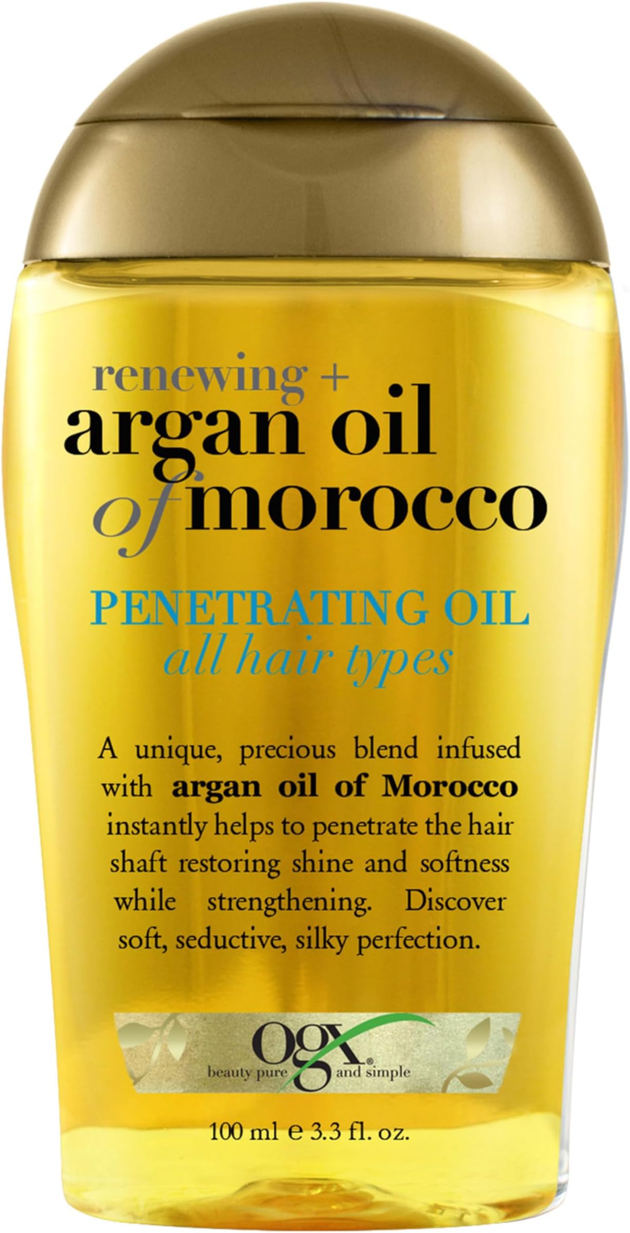 OGX Renewing + Argan Oil of Morocco, Cold-Pressed Argan Oil for Hair Penetrating Treatment & Shine, Moisturizing & Strengthening Silky Oil for All Hair Types, Paraben & Sulfate Free, 3.3 fl oz