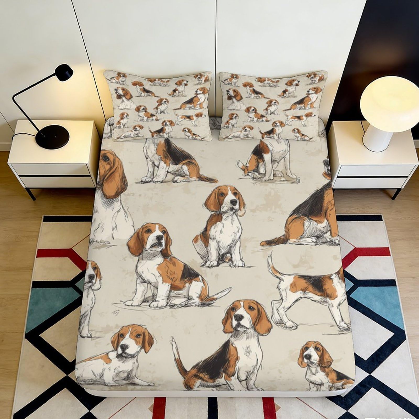 3D Printed Beagle Dog Fitted Sheet Microfiber Soft Breathable Puppy Pattern Mattress Cover for Bedroom Dormitory Guest Room Protection Decor 120x200x25cm