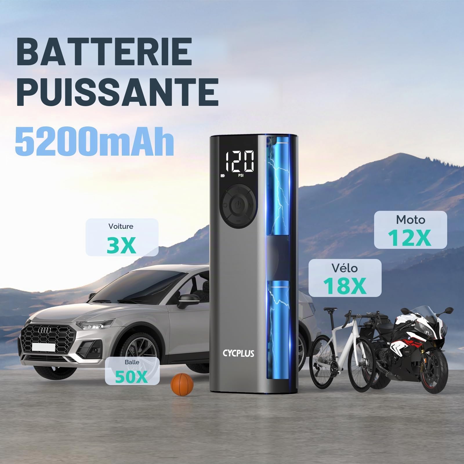 CYCPLUS Compresseur d'air Portable Tire Inflator, Pompe à air sans Fil 150 PSI avec écran LCD numérique pour la Pression, Compresseur d'air électrique pour Voiture, Moto, vélo et balles