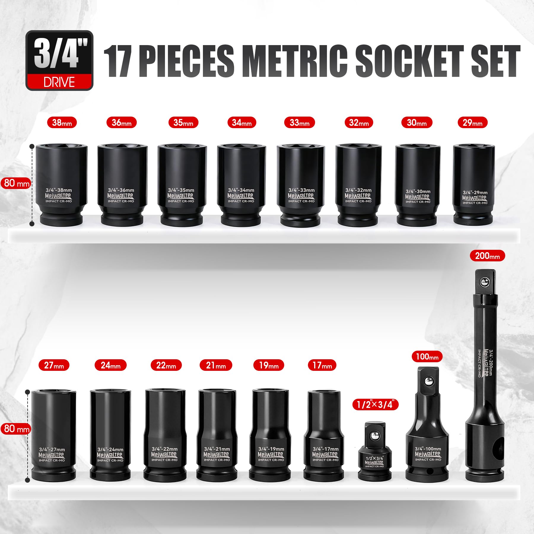 3/4" Juego de Llaves de Impacto | 17 - Piezas Jumbo Surtido de Llaves de Impacto Profundo Tamaños Métricos 17-38MM | Barra de extensión | 6 Puntos Torque | Acero Cr-Mo.