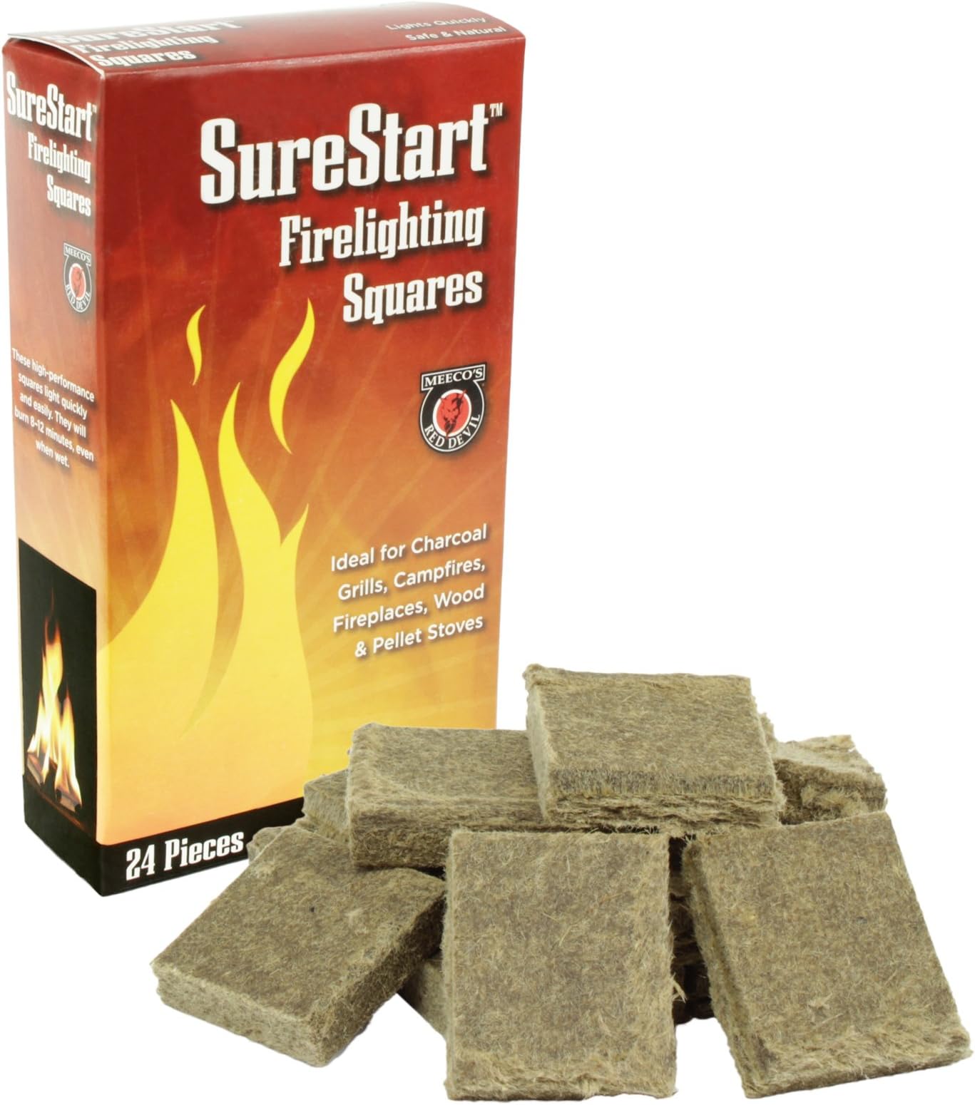 MEECO'S RED DEVIL Surestartยฎ Firelighting Squares Pack of 24 - Quick Lighting for Indoor/Outdoor Fireplaces, Wood Stoves, Pellet Stoves, Campfires, Fire Pits, Smoker Grills, & Pizza Ovens