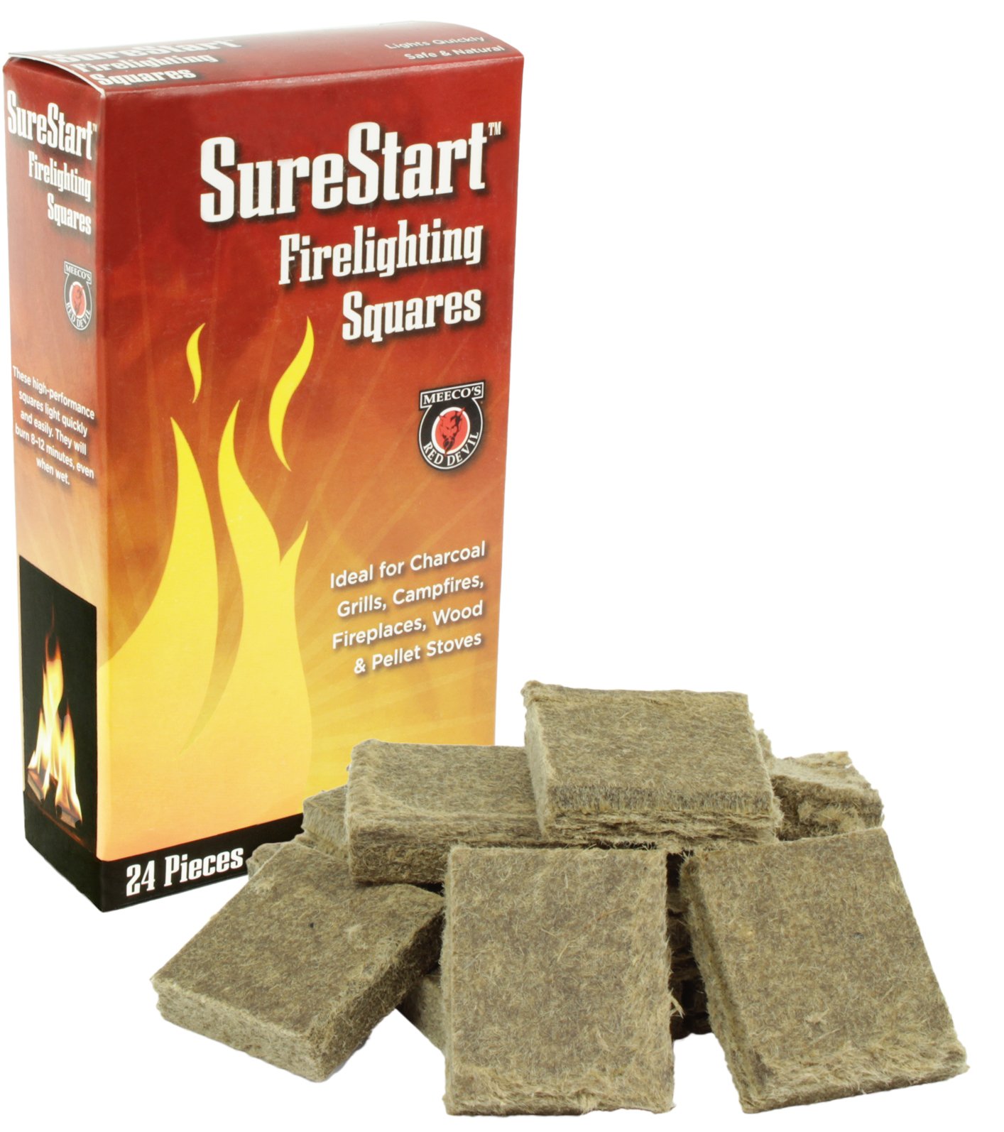 MEECO'S RED DEVIL Surestart® Firelighting Squares Pack of 24 - Quick Lighting for Indoor/Outdoor Fireplaces, Wood Stoves, Pellet Stoves, Campfires, Fire Pits, Smoker Grills, & Pizza Ovens