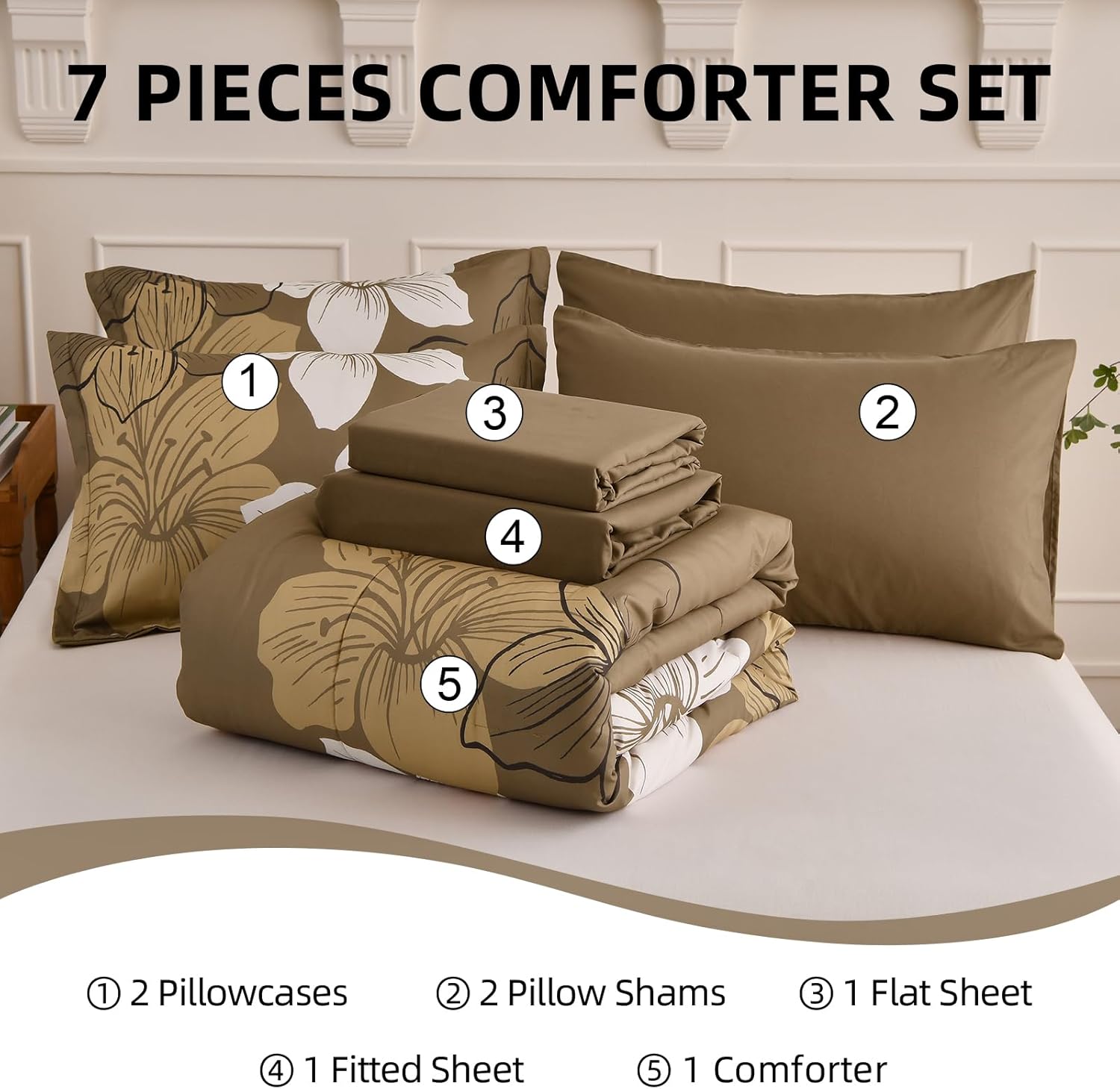 Luxudecor Floral Comforter Set Queen Size, 7 Pieces Bed in a Bag Brown Floral Comforter and Sheet Set, Soft Microfiber Complete Bedding Sets for All Seasons - Image 7