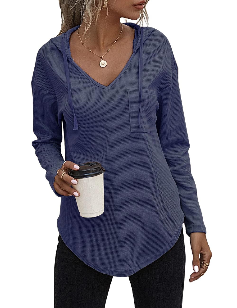 Cuptacc Felpa Donna con Cappuccio 2024 Maglione Scollo A V Autunno Maglia Manica Lunga Camicia Elegante