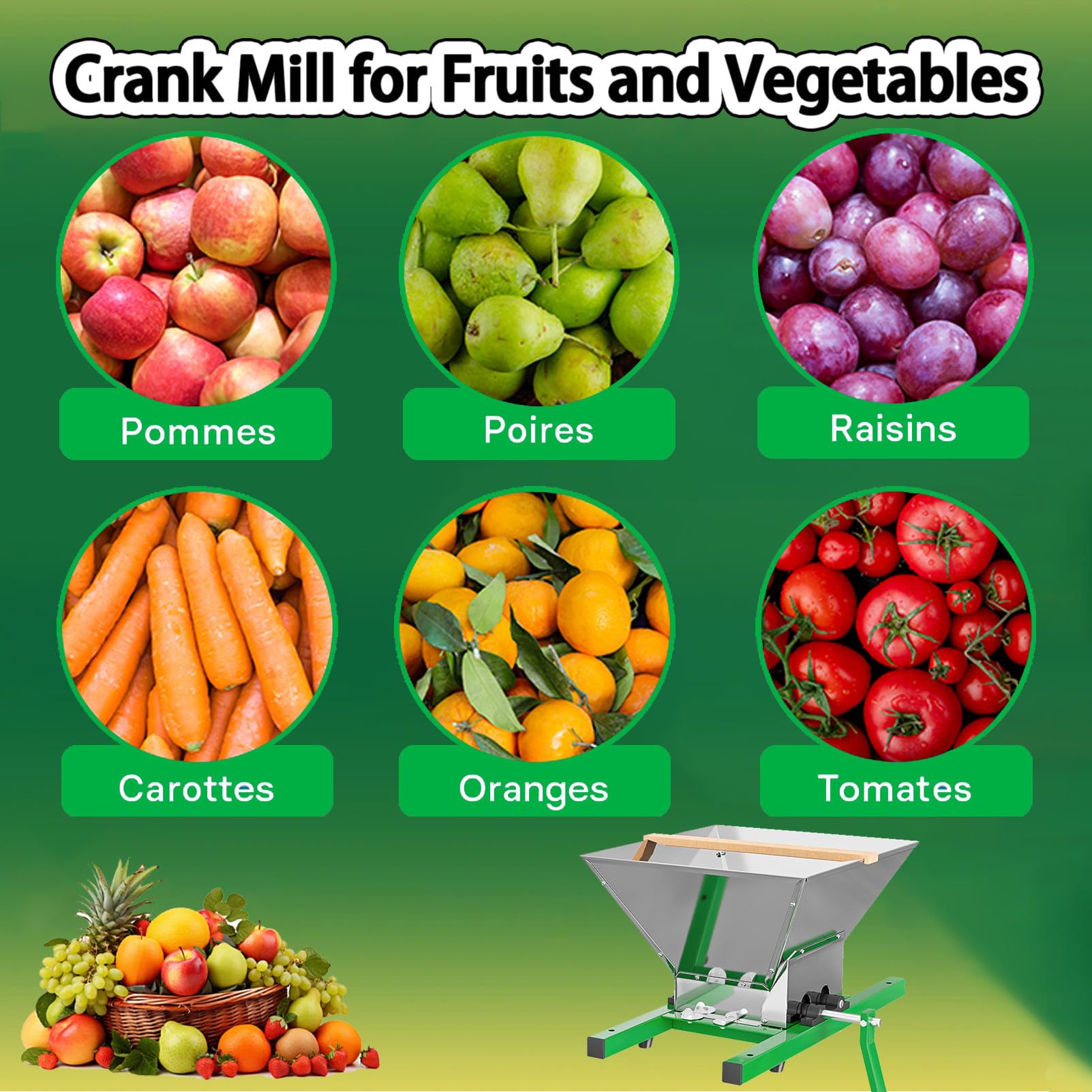 Broyeur Manuel De Fruits,7 L Pressoir Presse De Pomme Et Poire, avec Manivelle Et Entonnoir en Acier Inoxydable,pour Fruits, LéGumes Et Vin Green-Crusher