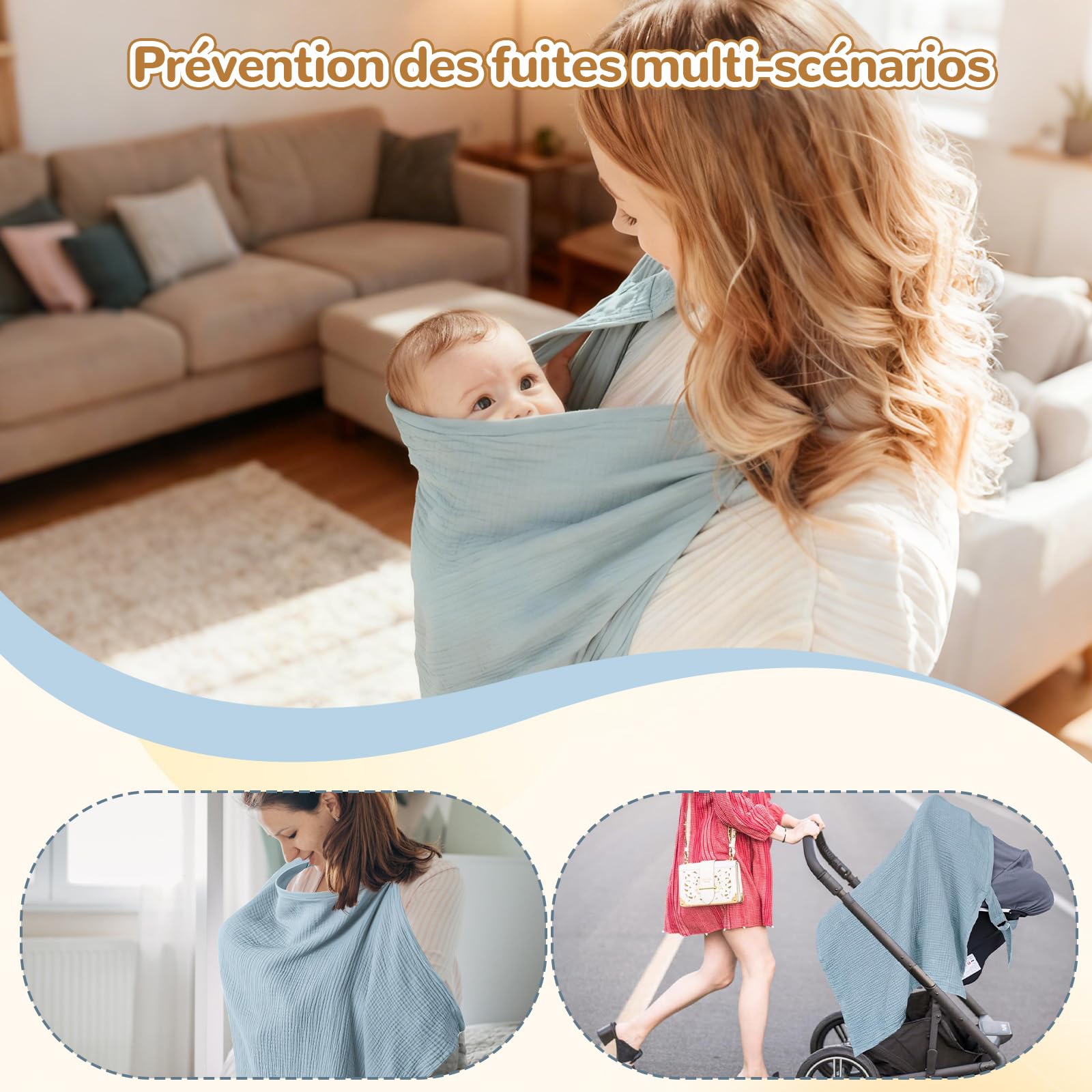 Solivive Tablier Allaitement Bébé, Couverture Respirante en Coton Doux (71x95 cm), Écharpe Ajustable pour Mamans, 4 Couches de Bavoirs Mousseline + 2 Couches Coton Doux (bleu clair)