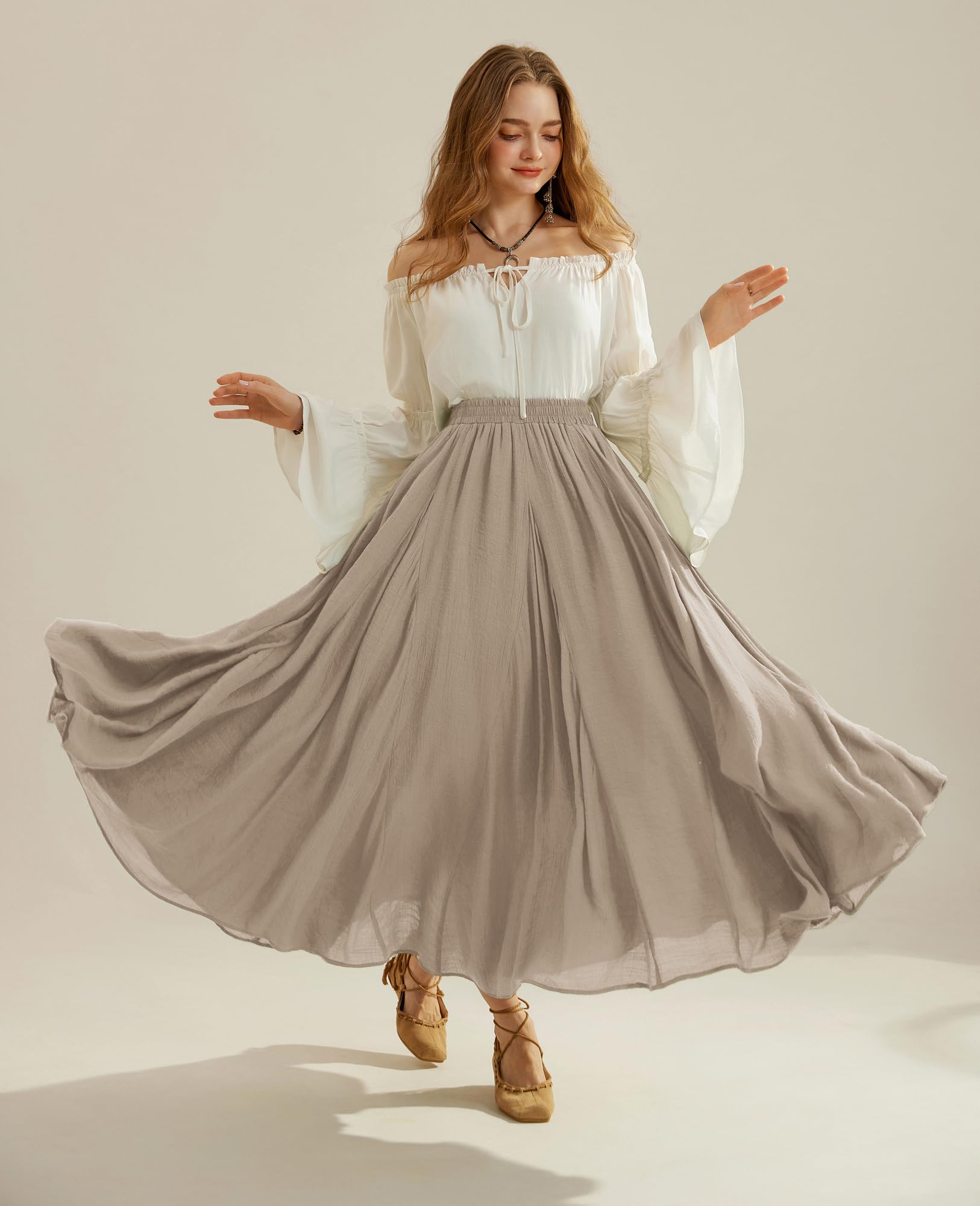 SCARLET DARKNESS Damen Mittelalter Maxirock Hohe Elastische Taille Lang Freizeitrock mit Taschen