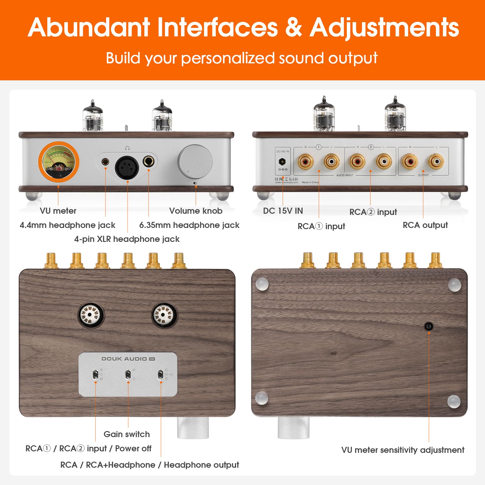 Douk E2 - Amplificatore per cuffie con XLR/4,4 mm/6,35 mm/RCA uscite, preamplificatore stereo HiFi con misuratore VU per cuffie, amplificatore domestico, altoparlante attivo