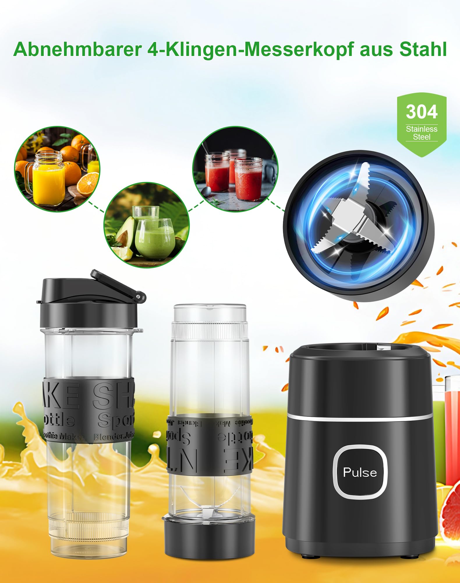 Mixer, Smoothie Maker, 500W Mini Standmixer mit 2x570ml Tritan BPA Freier Flasche, Tragbarer Edelstahl Blender, Geräuscharm, Leicht zu Reinigen 4-Klingen-System,für Jede Art von Shake und Smoothie