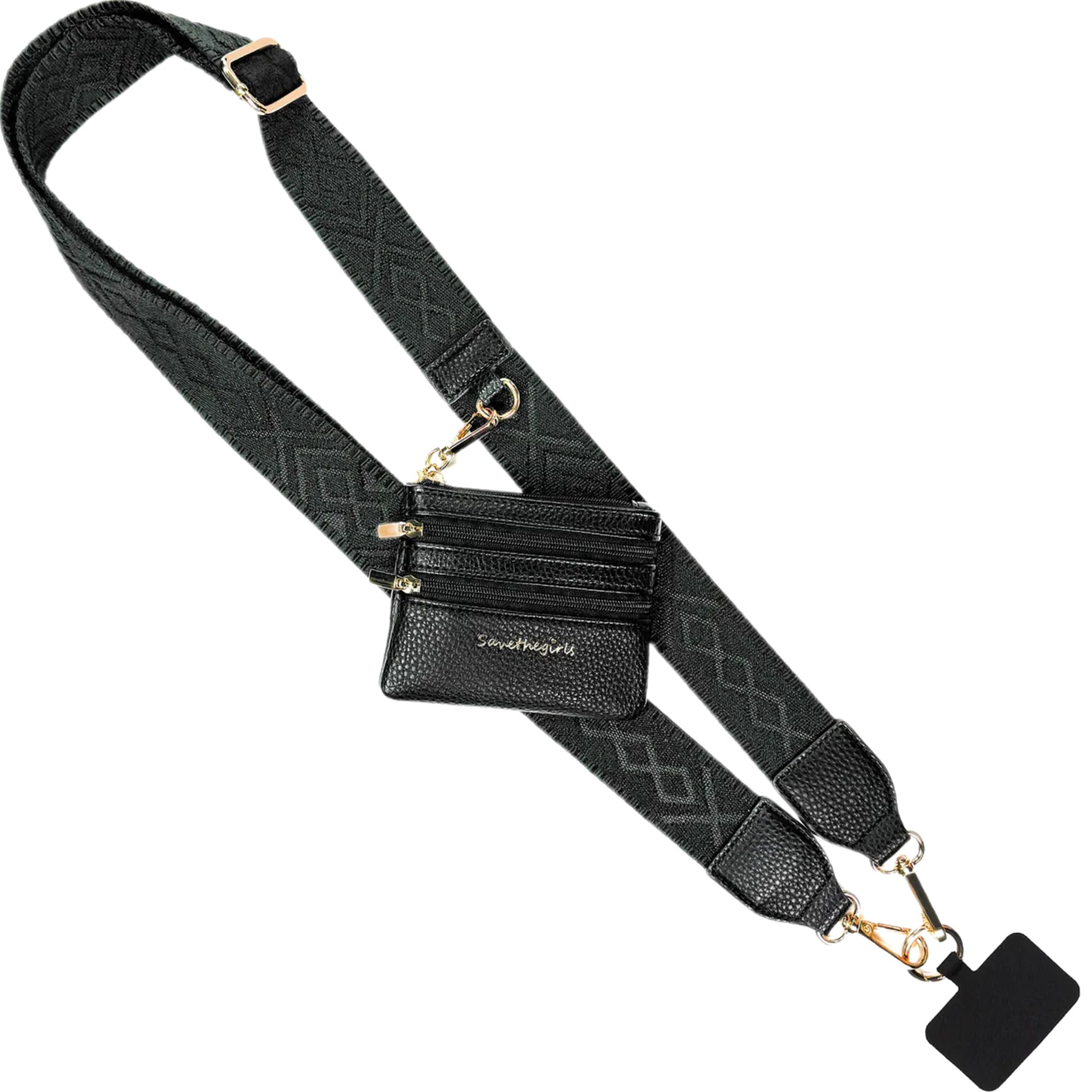 Save the Girls Classic Clip and Go Phone Strap (Black - Black Pouch) - Crossbody Phone Strap Chain with Zipper Wallet Pouch – Phone Lanyard with Zippered Pouch