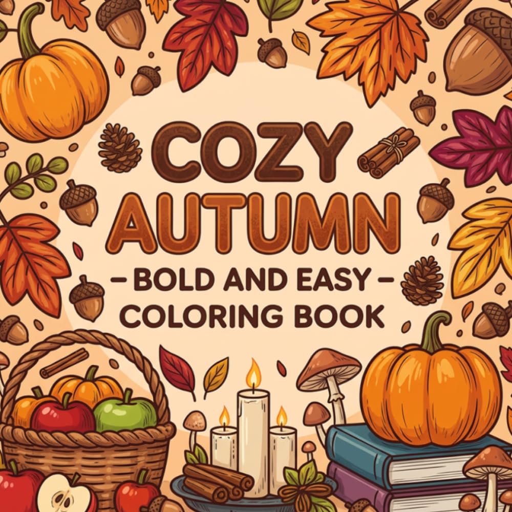 Cozy Autumn Bold and Easy Coloring Book: 50 Simple and Relaxing Fall Designs Featuring Pumpkins, Leaves, Candles, Apples and Cozy Seasonal Scenes for Teens and Adults