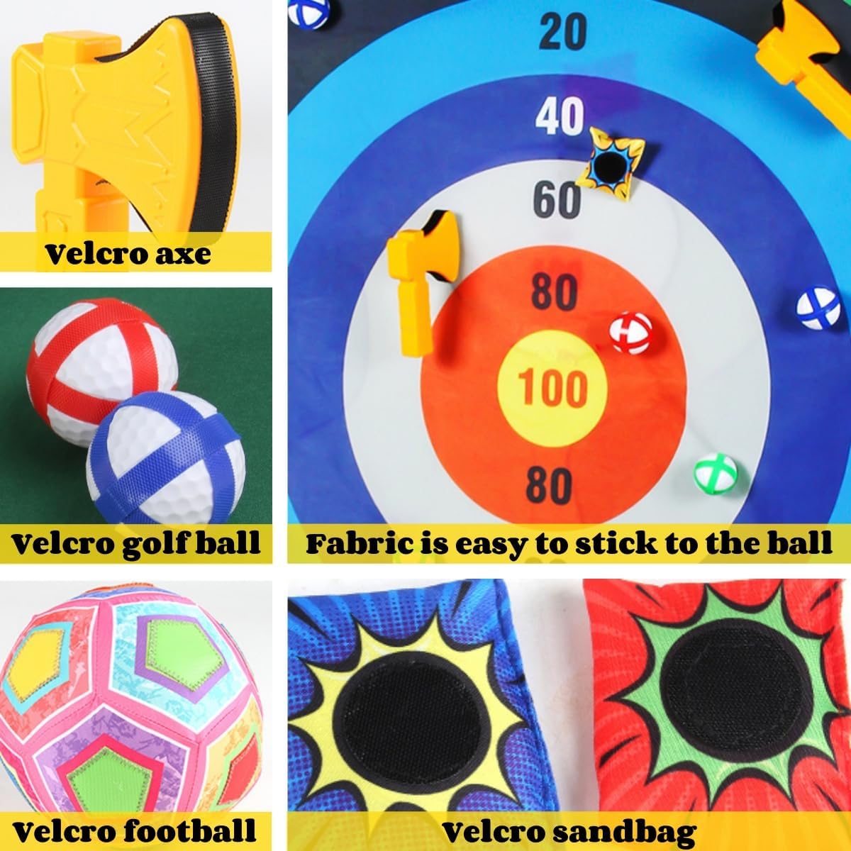 Golf Chipping Game with Stand, 4 in 1 Battle Golf Game with Putting Mat, 16 Sticky Balls, 8 Bean Bags, 6 Axes, 2 Soccer Balls, Indoor Outdoor Chip Sticky Practice Set for Teen & Adult
