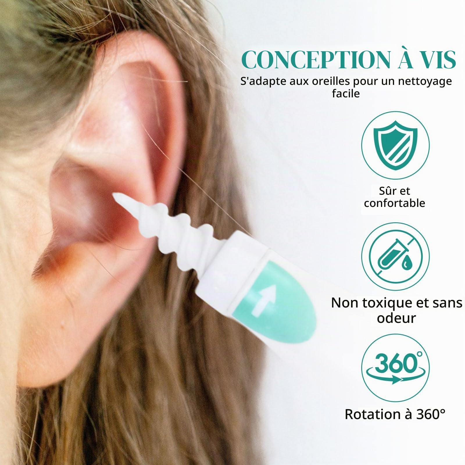 Nettoyeur Oreille Spirale 360° en Silicone, Nettoyant Doux avec 3 Types de Têtes, Kit Auriculaire pour Adultes et Enfants, 16 Embouts Lavables