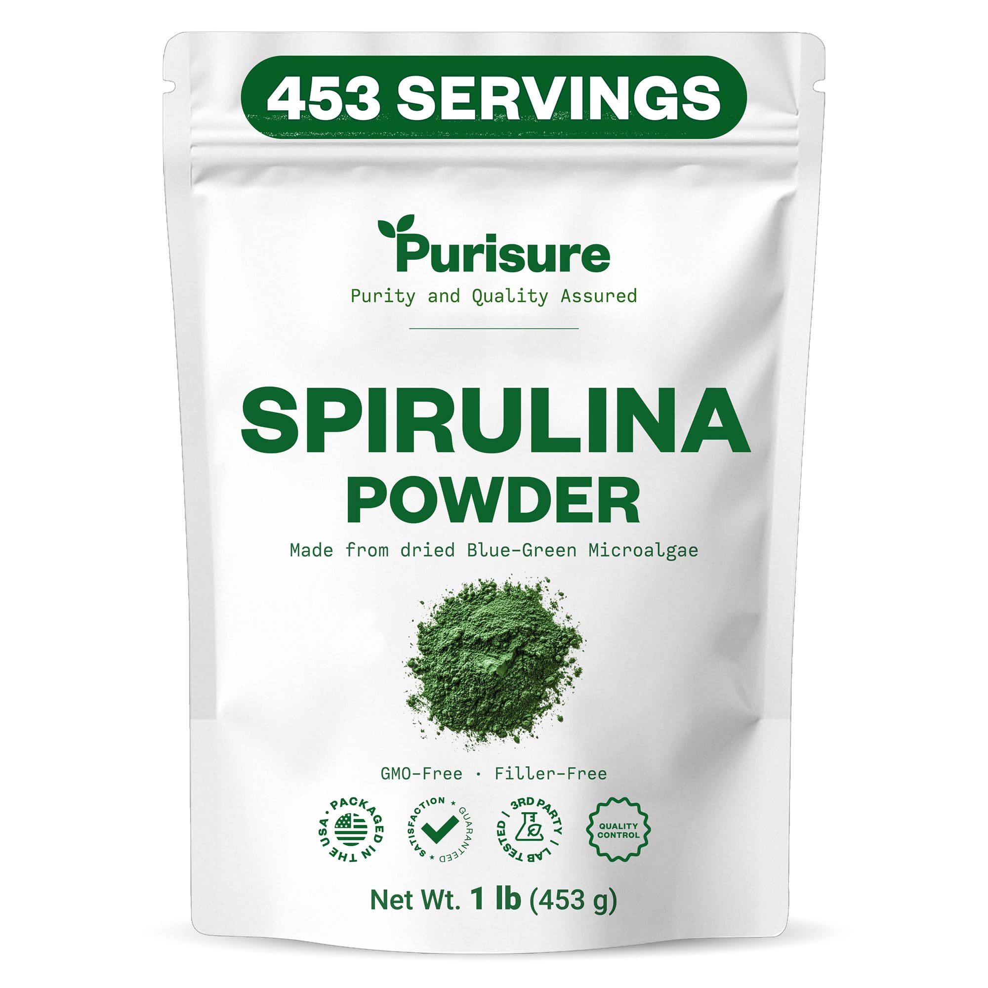 Purisure Spirulina Powder, 453g, Pure Spirulina Powder, Algae Powder Superfood Supplement, Preferred to Chlorella, Vegan Spirulina Powder for Smoothies and Protein Drinks, 453 Servings