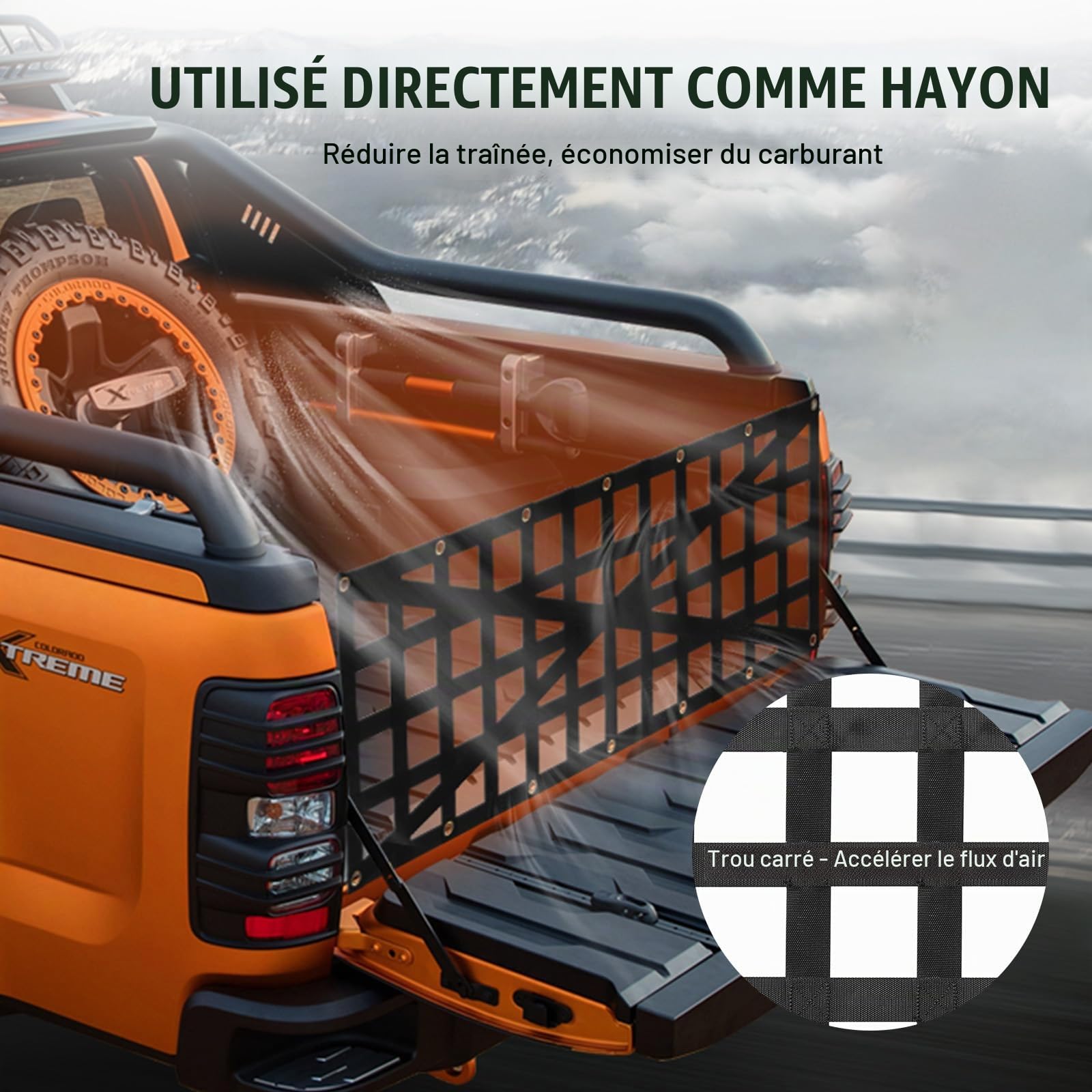 VEVOR Filet de hayon, 1370 x 470 mm, filet de chargement robuste pour camion, 4 sangles télescopiques réglables, conception renforcée en croix, extensible et durable, pour pick-up, remorque, Jeep, SUV