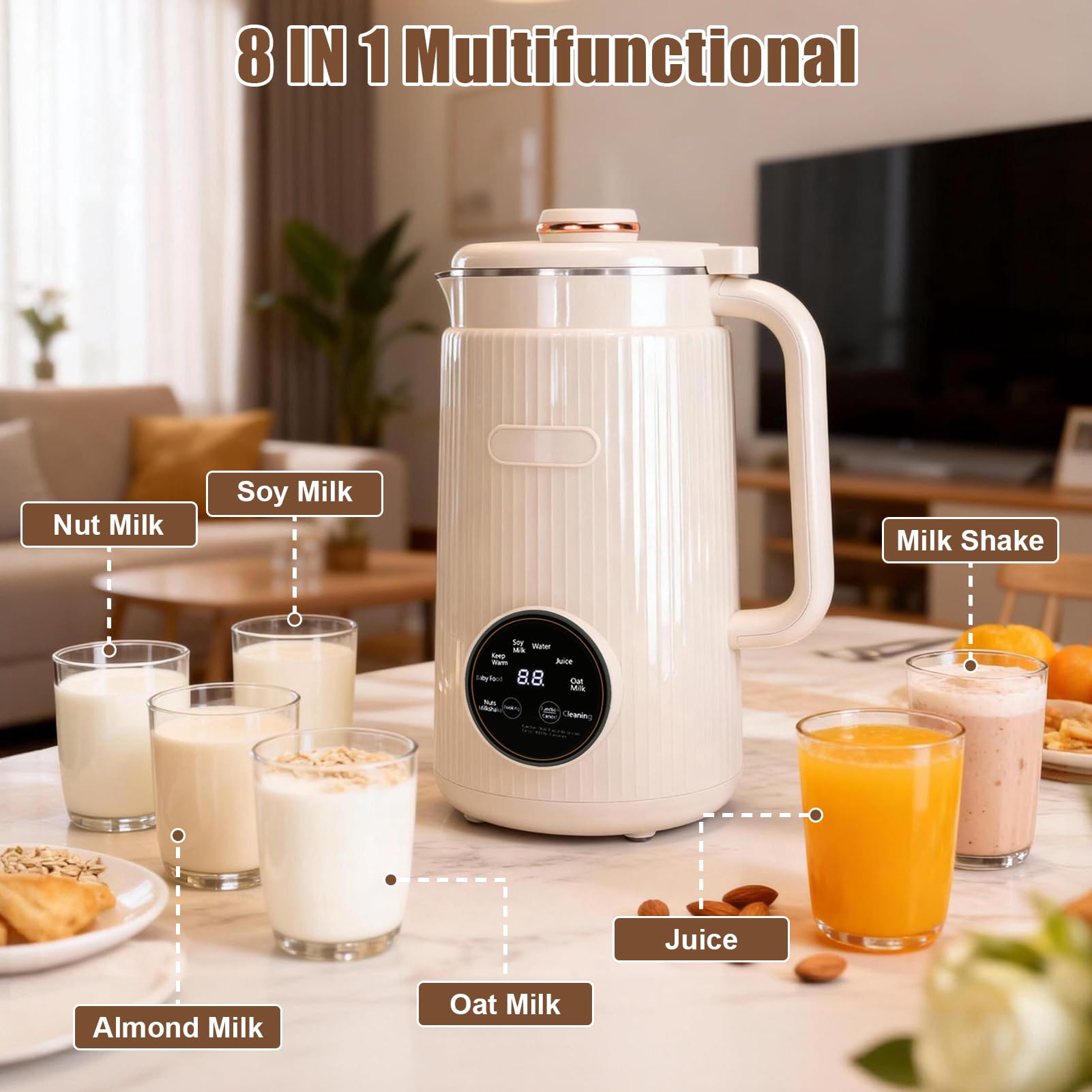 Machine à Lait Végétaux, Machine à Lait de Noix Automatique 1200 ml avec Contrôle de la Température à 12 Lames, Machine pour Lait Végétal Fait Maison sans Lactose pour Avoine, Soja, Noix, Fruits