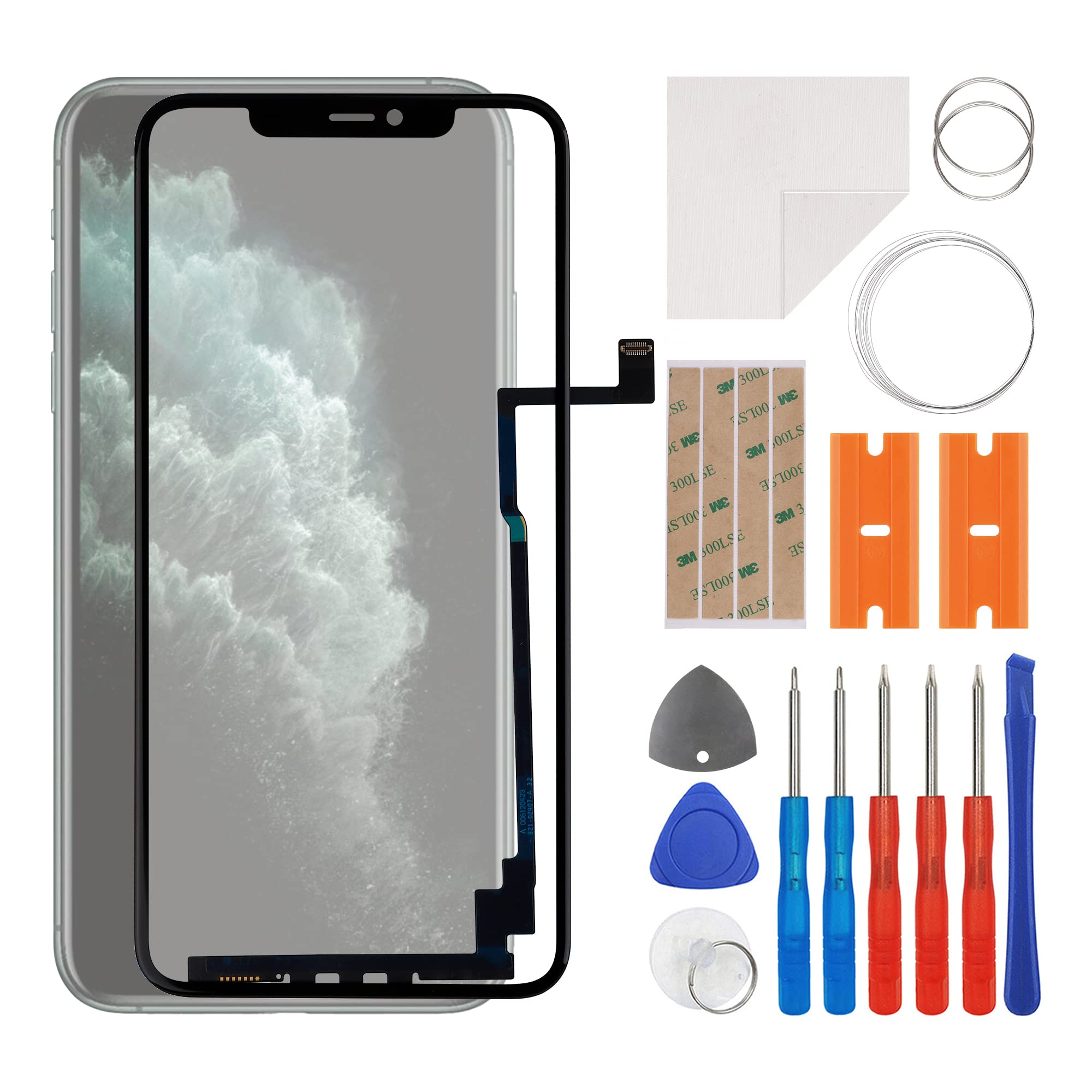 Set de reparación de pantalla de cristal frontal con conector compatible con iPhone 11 Pro Max incluye juego de herramientas.