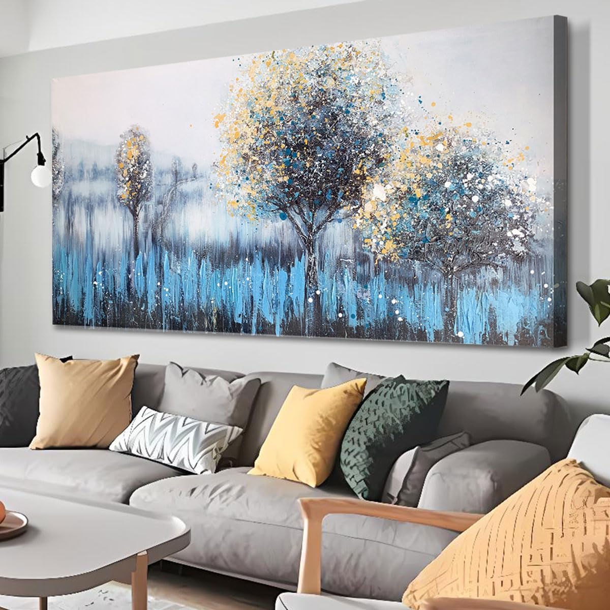 Arjun Tree Wall Art Canvas Teal Landscape Painting Blue Forest Textured Picture Modern Panoramic Abstract Nature Artwork Large Size Framed for Living Room Bedroom Bathroom Home Office Wall Decor