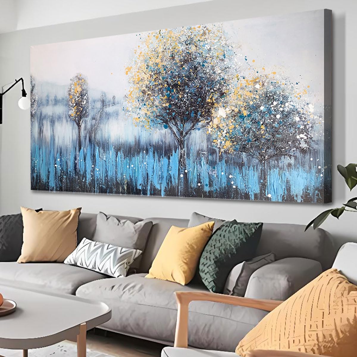 Arjun Tree Wall Art Canvas Teal Landscape Painting Blue Forest Textured Picture Modern Panoramic Abstract Nature Artwork Large Size Framed for Living Room Bedroom Bathroom Home Office Wall Decor