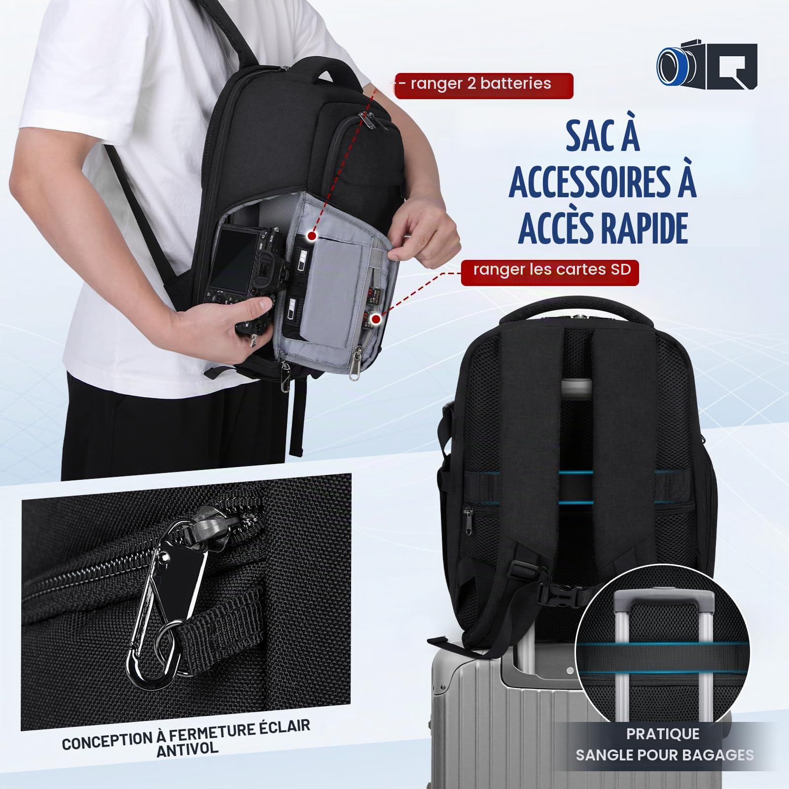 RAINSMORE Sac a Dos Photographe Sacoche Appareil Photo Professionnel Compartiment Ordinateur 14 Pouces Housse Pluie Sac Photo Reflex Numérique Compatible Canon Sony Noir