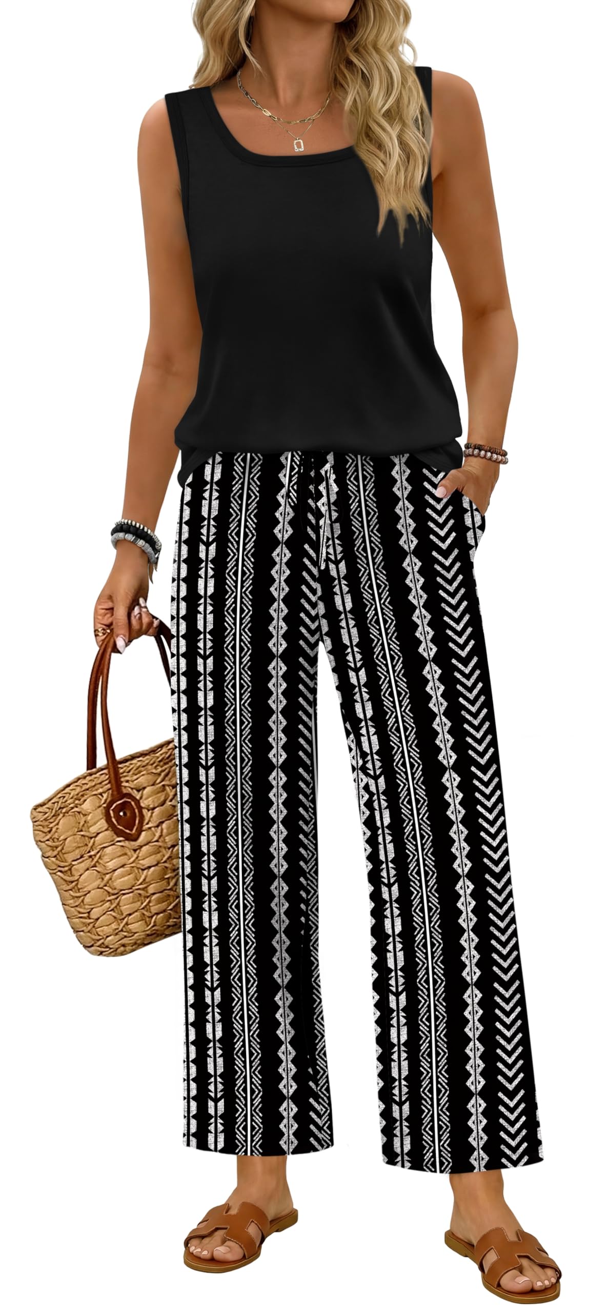 WIHOLL Two Piece Sets for Women Summer Spring Outfits Tank Square Neck Sleeveless Travel Vacation Lounge Wide Leg Pants Set — view 8