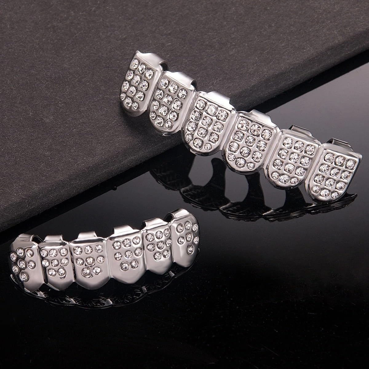 14K Gold Plated Hip Hop Diamond Teeth Grills for Your Teeth Iced out Top & Bottom Tooth Grillz Set For Men Women Rapper Costume Cosplay Extra Molding Bars