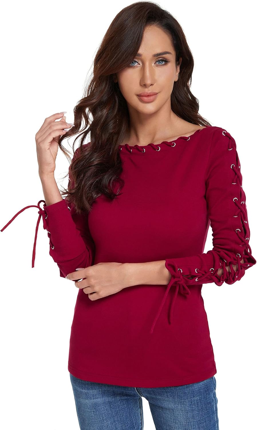 AmélieBoutik Women Boatneck Lace Up Trim Long Sleeve Blouse - Image 2