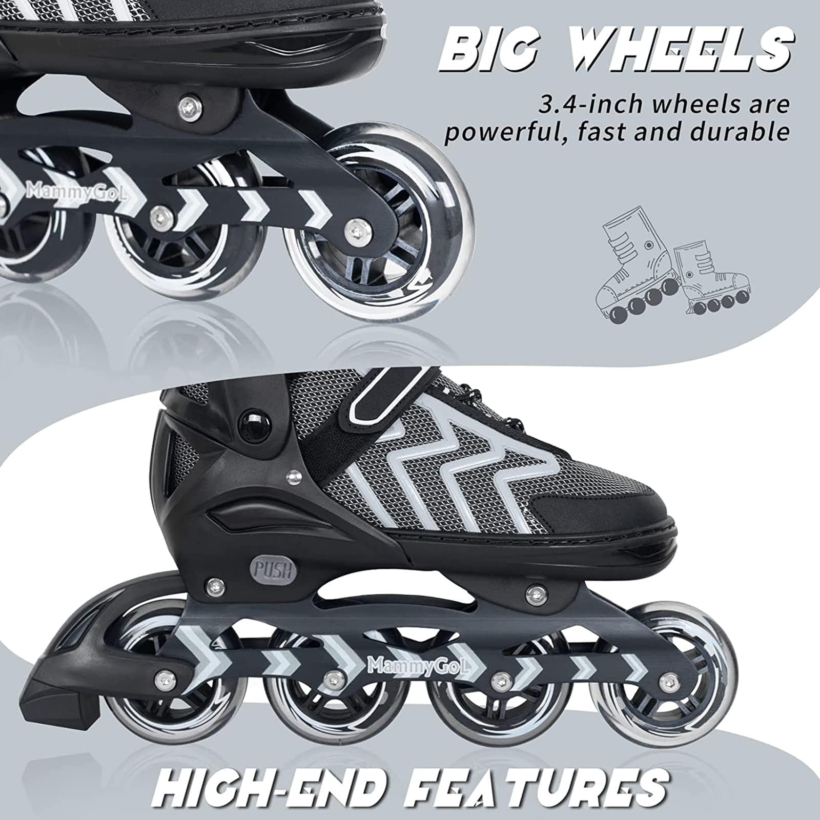MammyGol Inline Skates for Adults Kids, Adjustable Aggressive Durable Roller Skates with Giant Wheels, High Performance Skates for Men Women Boys Girls