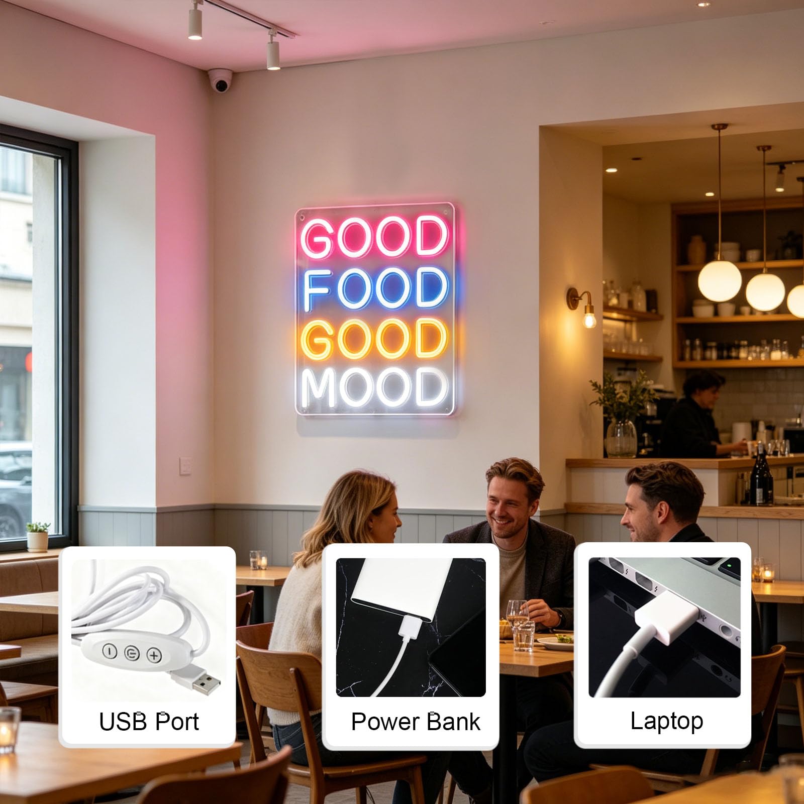Insegna al Neon Good Food Good Mood con LED dimmerabili alimentati Tramite USB, Ideale per Feste a Tema Sportivo, casa, Palestra, Ristorante, Bar, Pasticceria, Azienda Creativa,