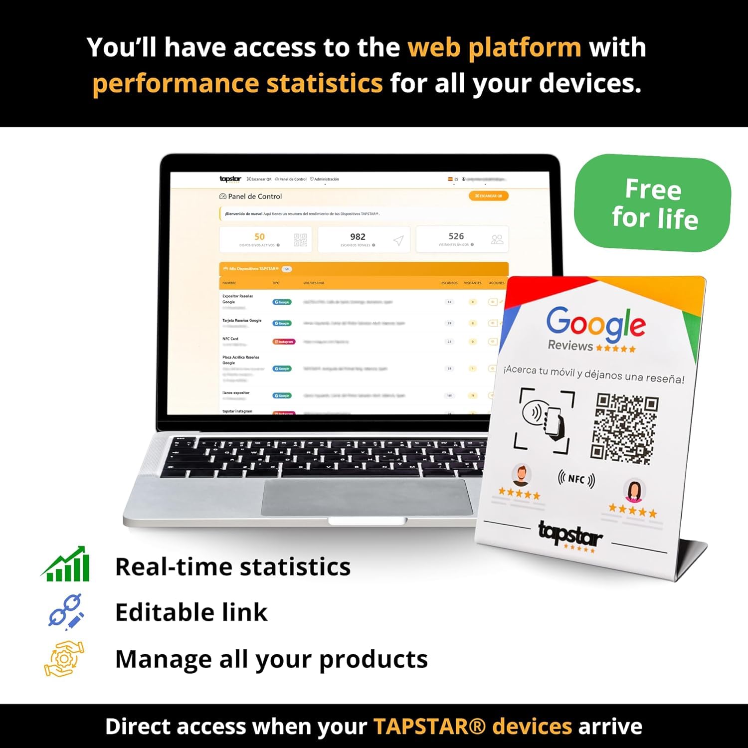 Stand Reseñas Google NFC y QR - Stand para Conseguir Reviews Google - Cartel NFC QR Opiniones Google - Compatible con Android & iPhone - Configuración Fácil con Web App - Sin Suscripciones (Inglés)