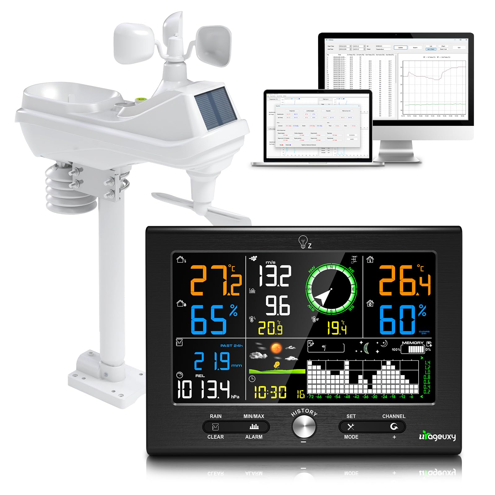 Urageuxy 7-en-1 Station Meteo Intérieur Extérieur San Fil 7,6" Avec DCF, Station Météo Avec Pluie, Vent, Température, Humidité, Prévisions, Pression pour Jardin et Balcon, Logiciel Windows