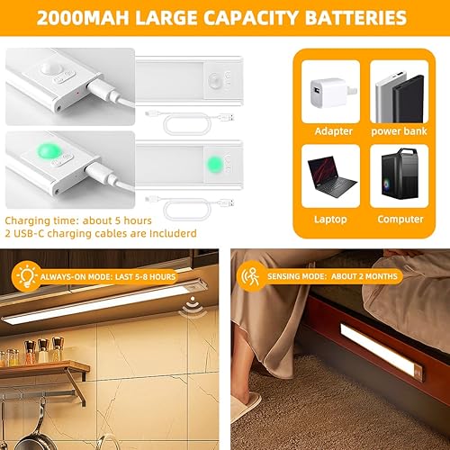 Miniatura 5 de Luces de sensor para debajo del gabinete, luz LED luminosa de 12 pulgadas, 4 modos de movimiento, iluminación interior y armario, 2000 mAh