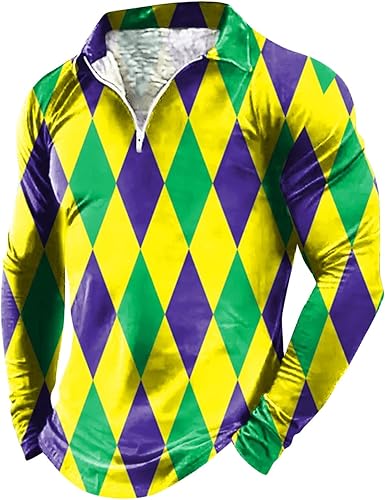 Mens Mardi Gras Shirt Quarter Zip Carnival Mask Long Sleeve Muscle Golf Shirts Lapel Casual Gradient Regular Fit Holiday Top