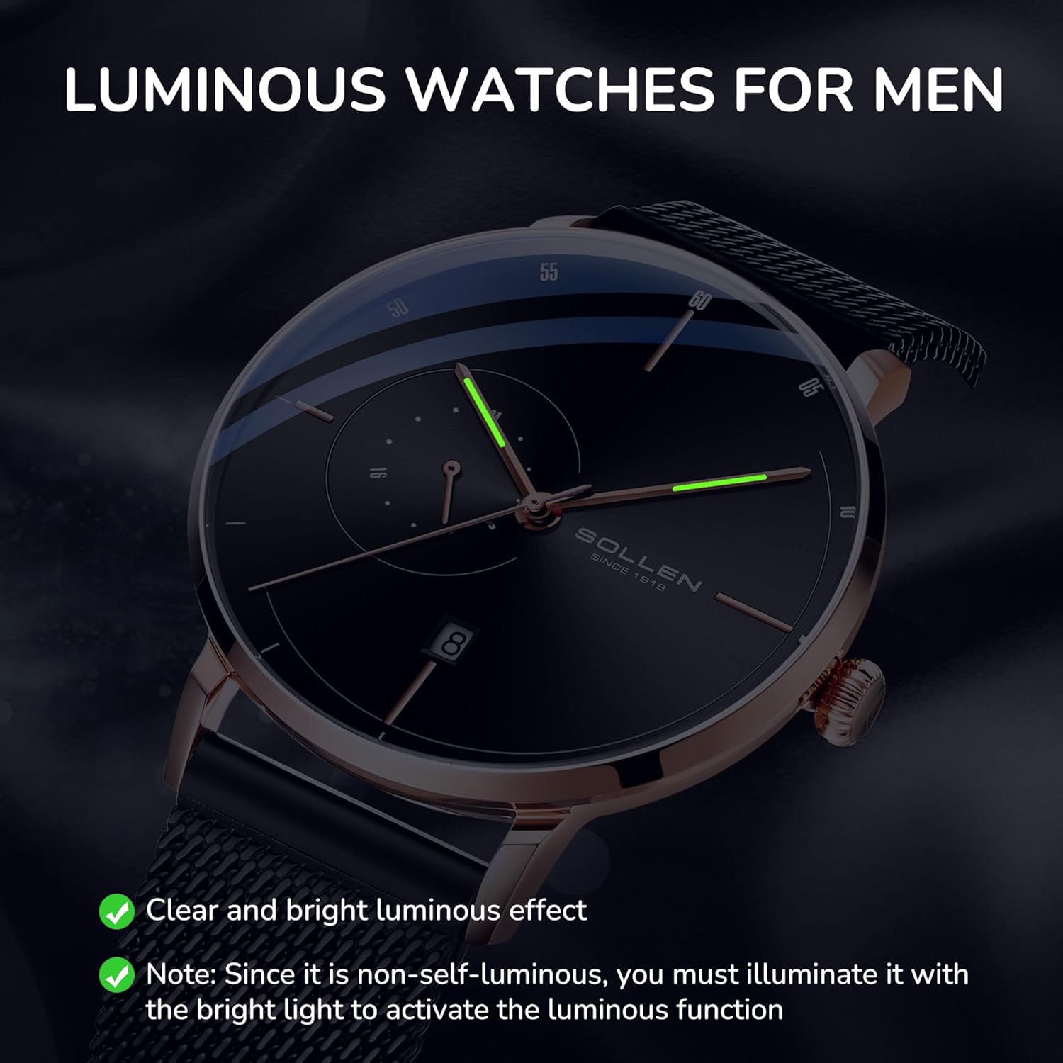 SOLLEN Automatic Watches for Men,Men's Automatic Watch,Original Mechanical Watch Movement,3ATM Water Resistant,Luminous Hands,Calendar and 24-Hour Display,Minimalist Self-Winding Wrist Watches for Men - Image 5