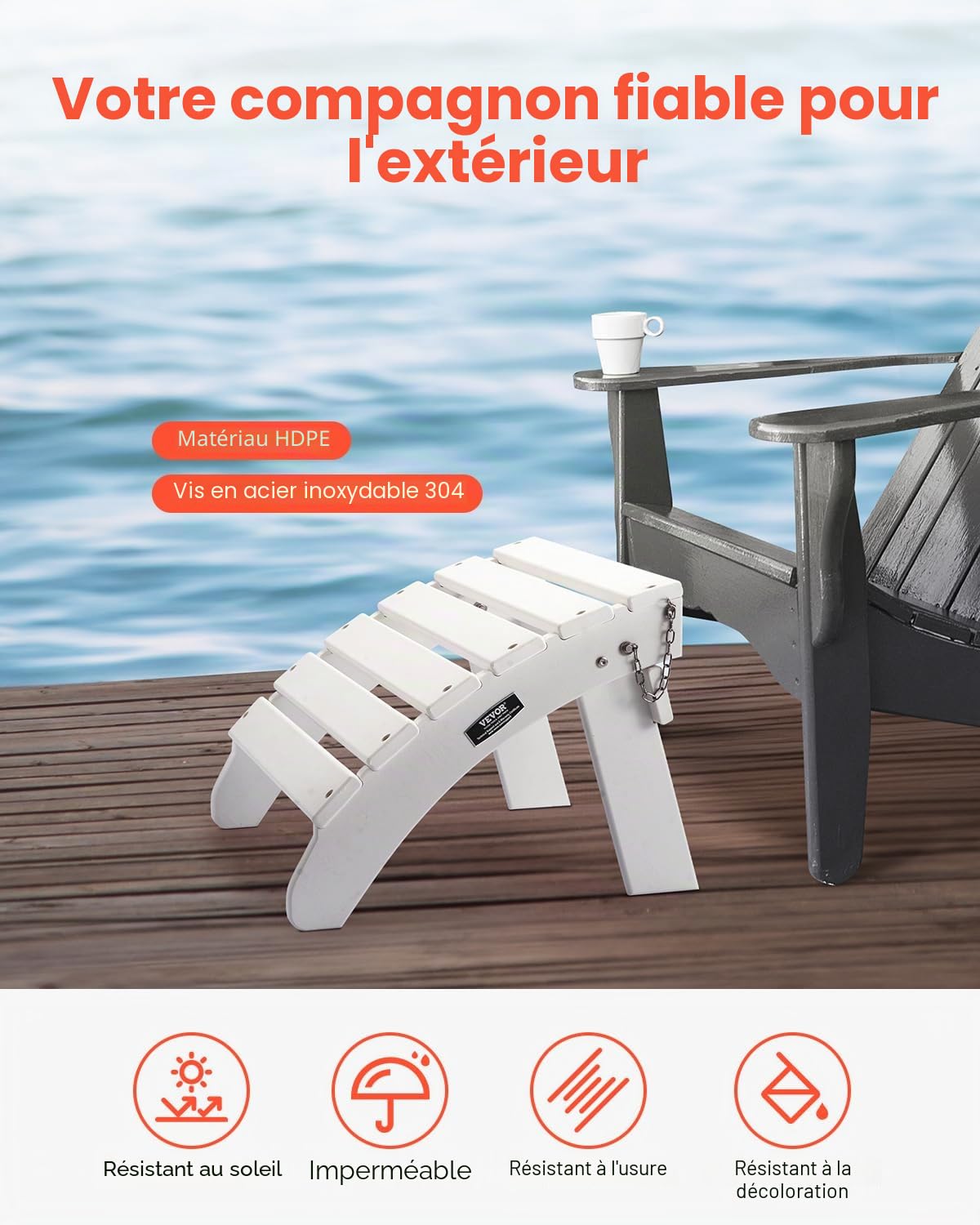 VEVOR Repose-pieds Pliable Adirondack, 450x500x350 mm, en PEHD, Résistant aux Intempéries pour Chaise Adirondack, Montage Facile, pour Extérieur, Patio, Porche, Piscine, Pelouse, Arrière-cour, Blanc