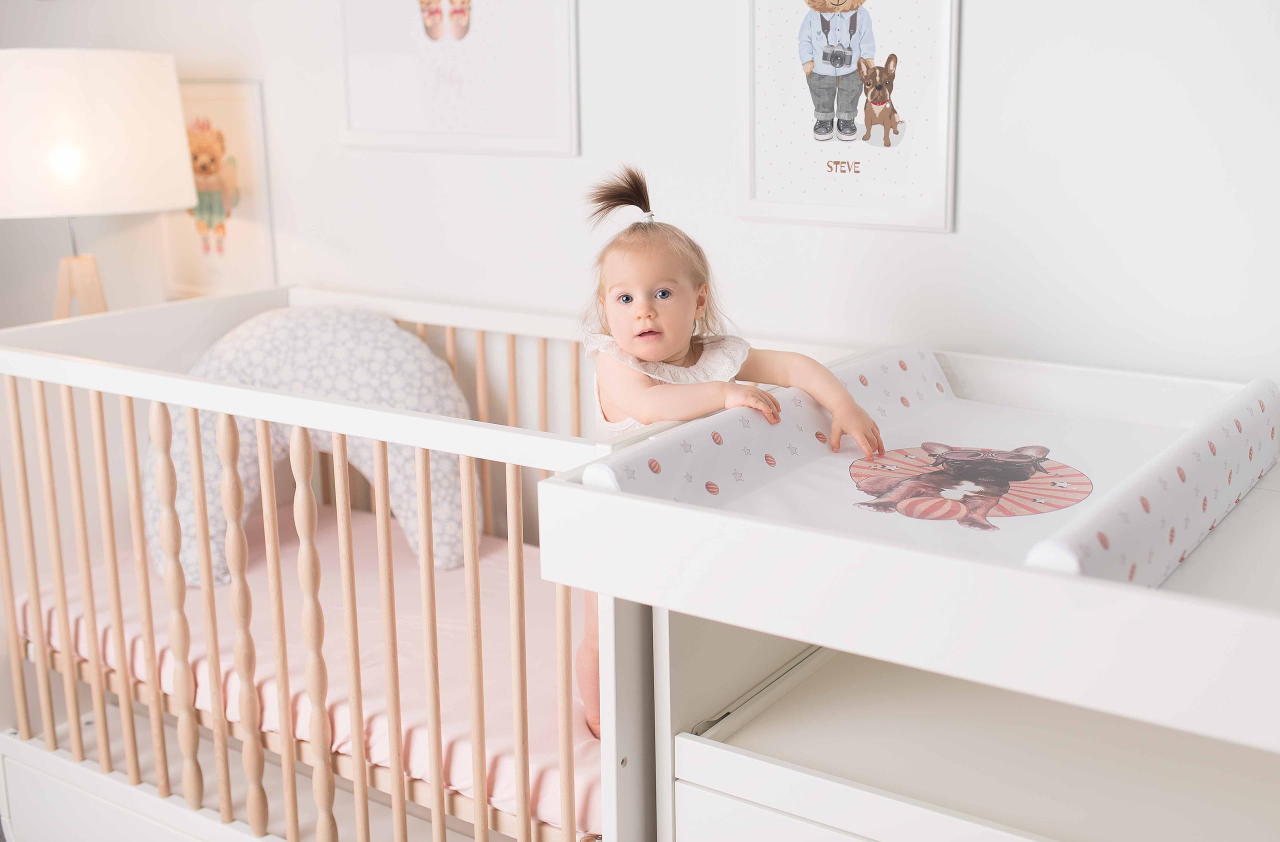 Ceba Baby® Cambiador Bebe para Cuna - Cambiador Rígido para Bebés - 70x50 cm - 2 Cuñas - Almohadilla Cambiadora Lavable para Niñas y Niños - Certificado Öko-Tex - palloncini - 70x50 cm