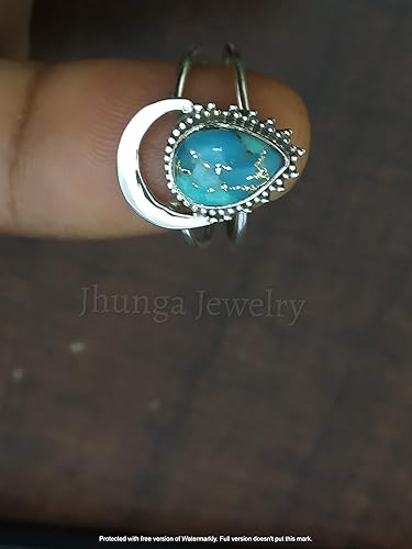 Miniatura 8 de Anillo azul de cobre turquesa, plata de ley 925, anillo en forma de media luna, anillo de dos bandas, Boho Chic, joyería de boda de promesa, anillo