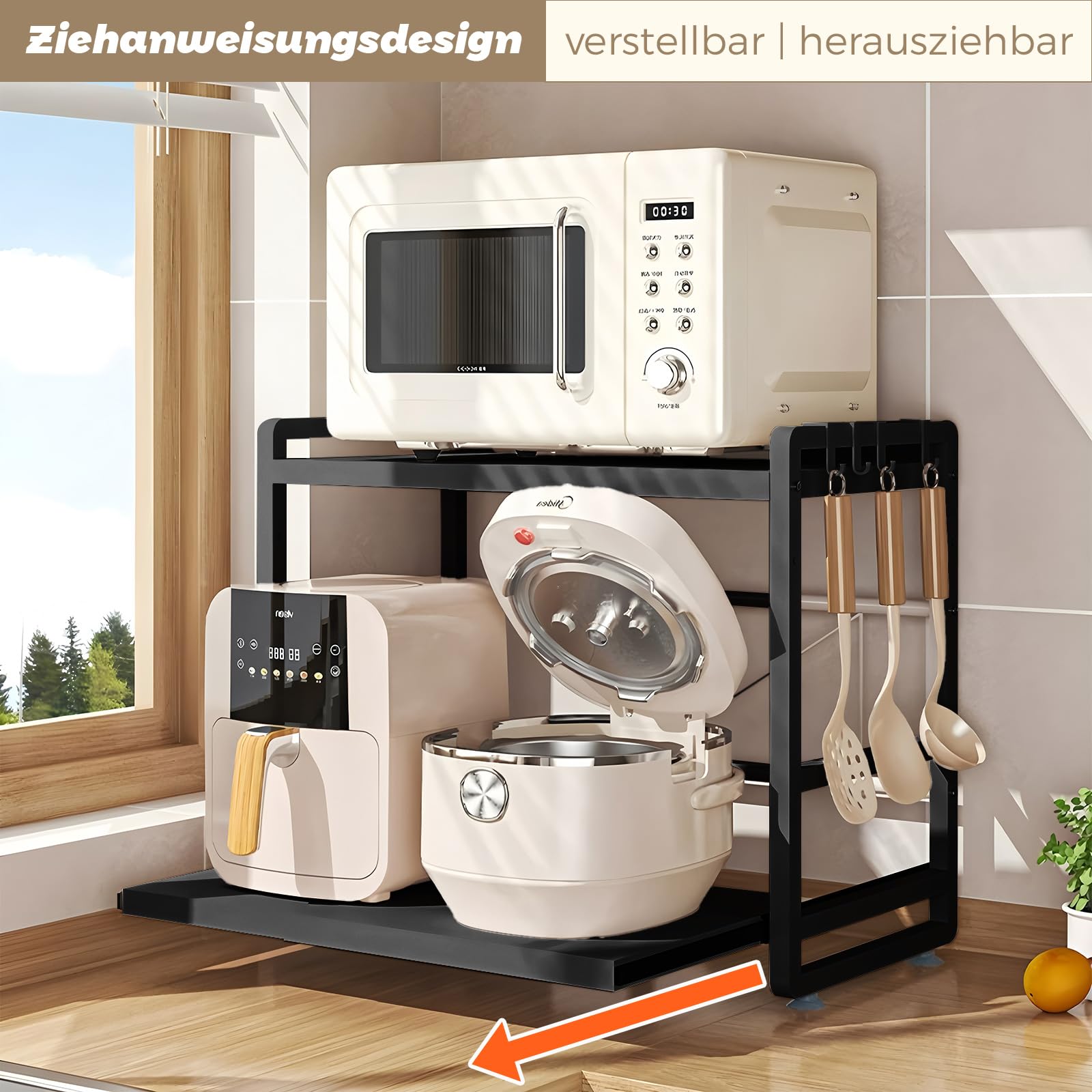 2-stüfiges Mikrowellenregal – Höhenverstellbare & Ausziehbare Küchen-Ablage mit Schublade – Aus Kohlenstoffstahl – Inkl. Haken & Verstärkungssaugnäpfen – Einfache Montage (Schwarz)