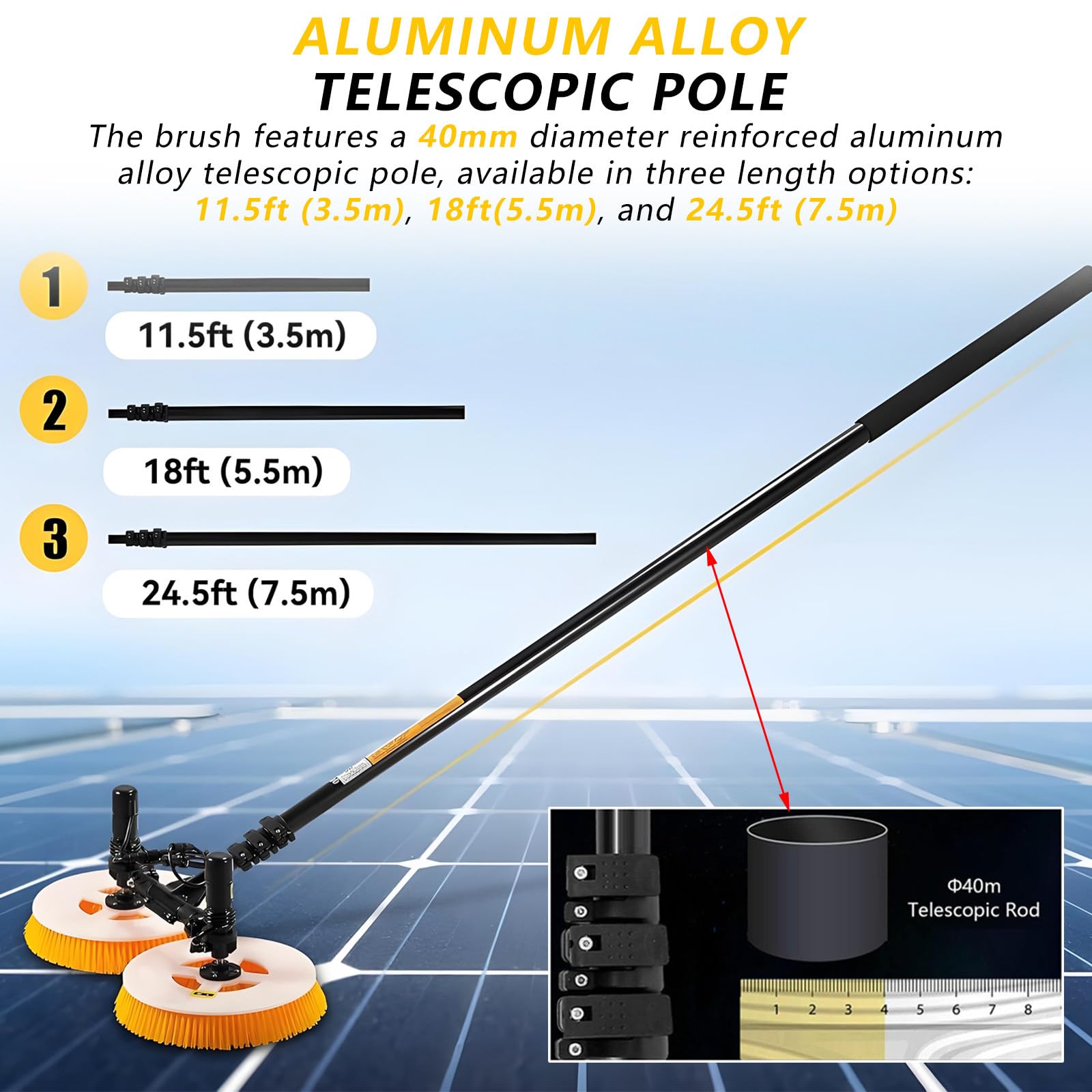 Limpiador de paneles solares, poste telescópico de hasta 18 pies, kit de limpieza de doble disco para mantenimiento de paneles fotovoltaicos y ventanas