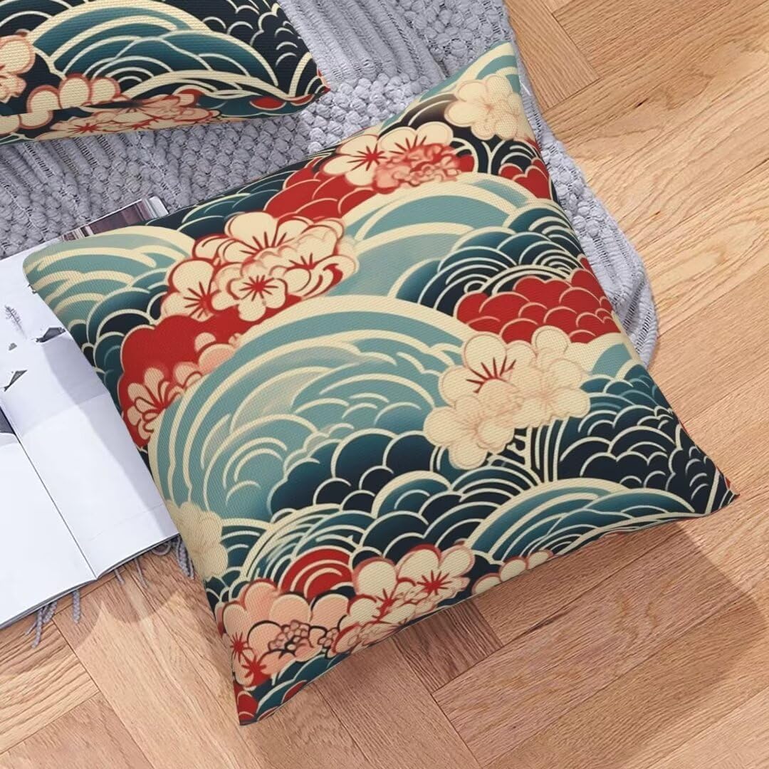 Kussenhoezen Japanse stijl 45x45cm set van 4 decoratieve sierkussenhoezen golven/vissen/bergpatroon katoenen linnen vierkante kussensloop voor taverne