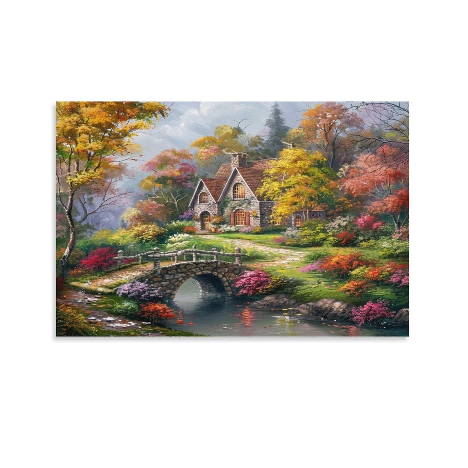 CPLVKWRQJ Autumn Cottage Scene Single Piece Cozy Cottage Garden Painting Canvas Print - Kitchen Canvas Wall Decor Easy to Clean Removable Focal Point 24x36inch(60x90cm)
