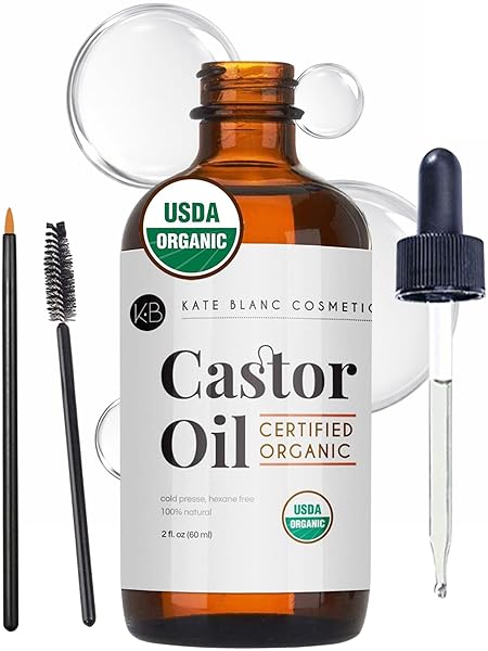 Kate Blanc Cosmetics Castor Oil Organic for Hair, Lashes, Face (2oz), 100% Pure, Cold Pressed, Hexane Free Hair Oil. Eyelash Serum for Thicker-Looking Eyelashes & Eyebrows