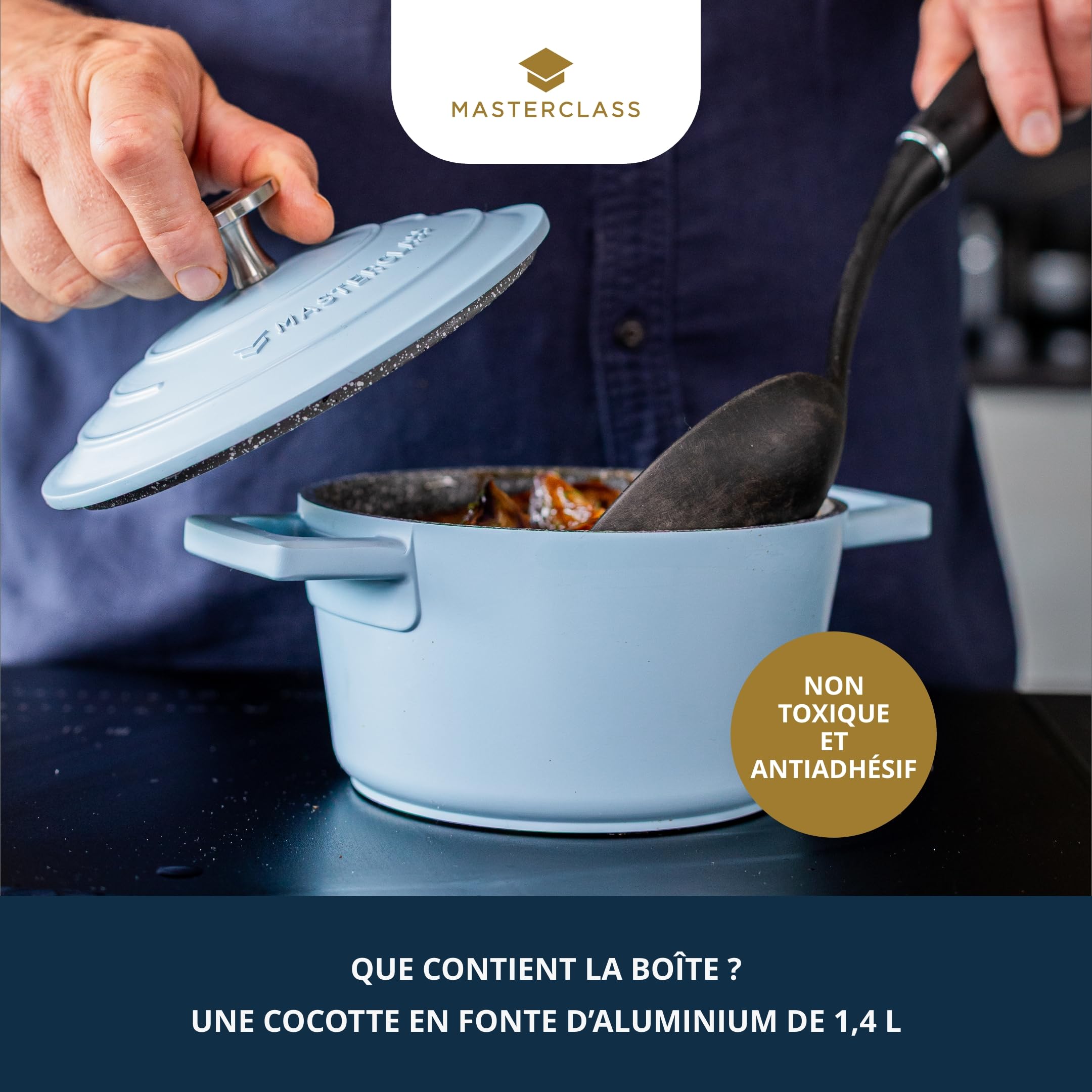 MasterClass Cocotte Ronde en Fonte d'aluminium avec Couvercle Auto-hydratant, légère, antiadhésive, pour Les Repas familiaux, Les currys, Passe au Lave-Vaisselle, 16 cm, 1,4 L, Bleu Ciel