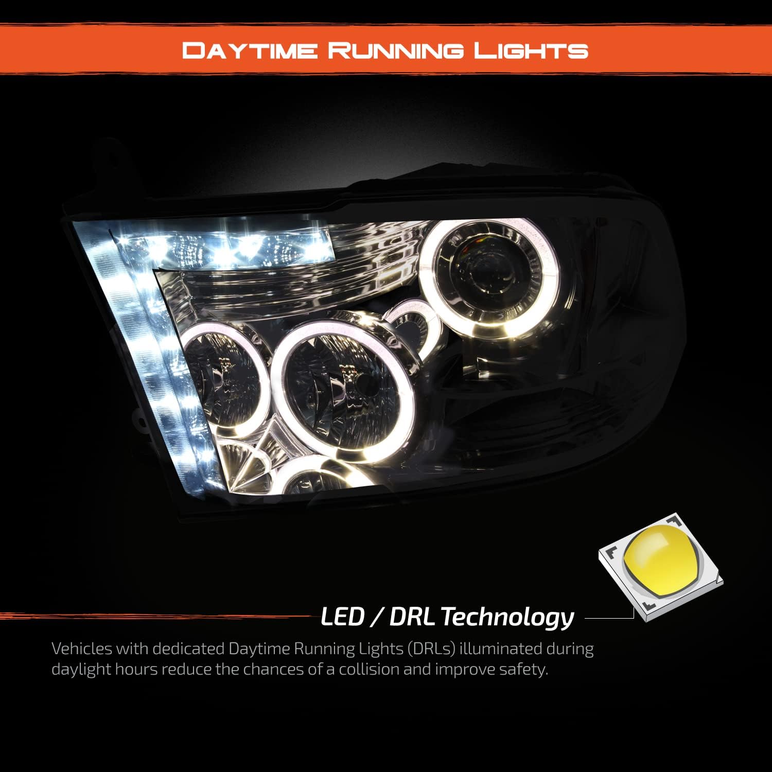 AKKON - For 09 10-18 Dodge Ram Pickup Truck Smoked Smoke Dual LED Ring Projector Headlights Replacement Left + Right