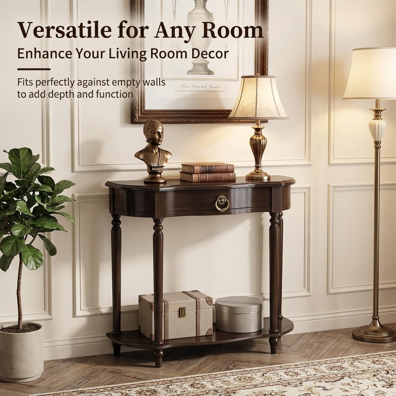 Console vintage en bois massif avec tiroir, table étroite en demi-lune